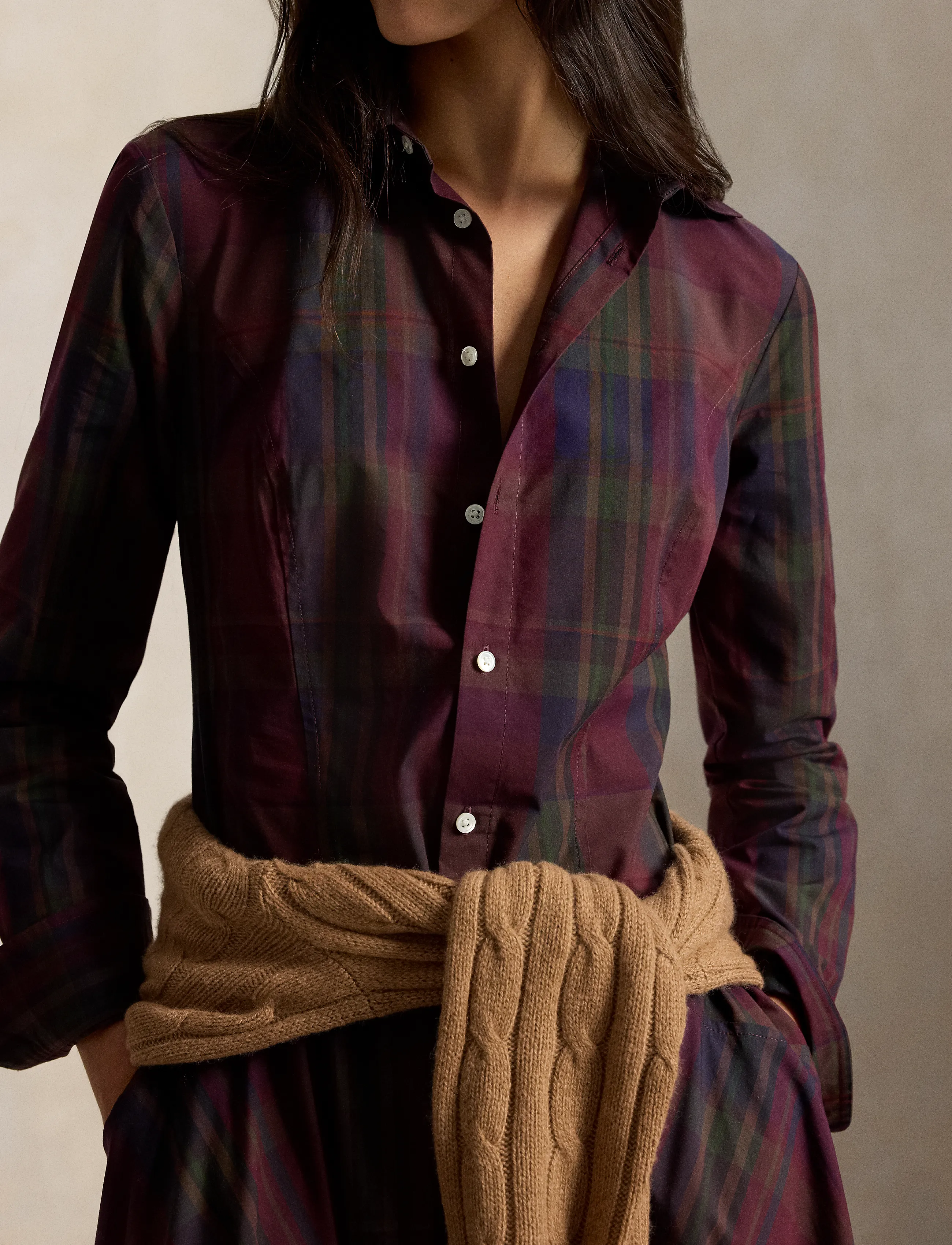 Polo Ralph Lauren - Plaid Cotton-Blend Paneled Shirtdress - skjortklänningar - 2059 merlot-green - 4