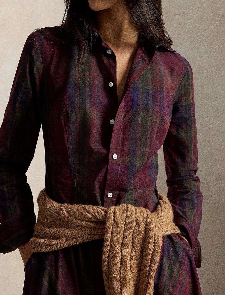 Polo Ralph Lauren - Plaid Cotton-Blend Paneled Shirtdress - skjortklänningar - 2059 merlot-green - 4
