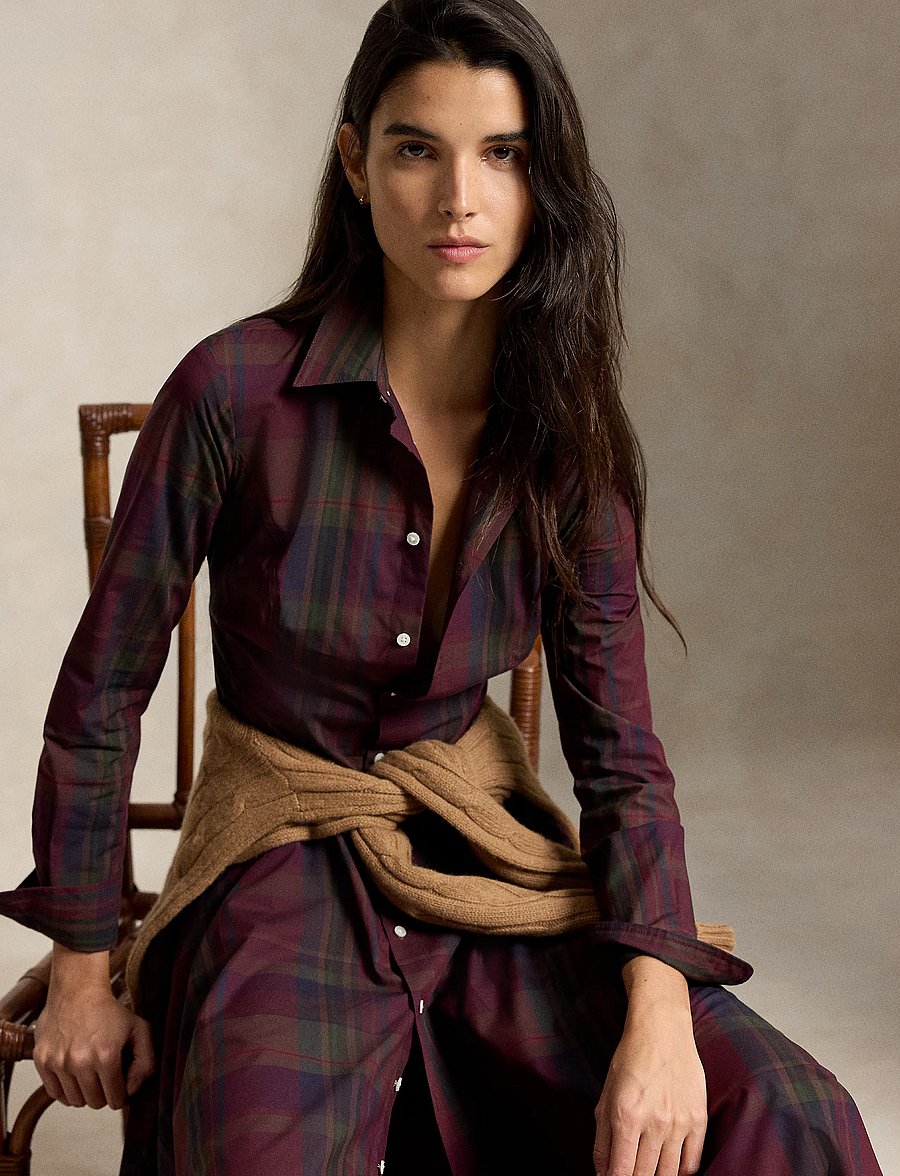 Polo Ralph Lauren - Plaid Cotton-Blend Paneled Shirtdress - skjortklänningar - 2059 merlot-green - 5