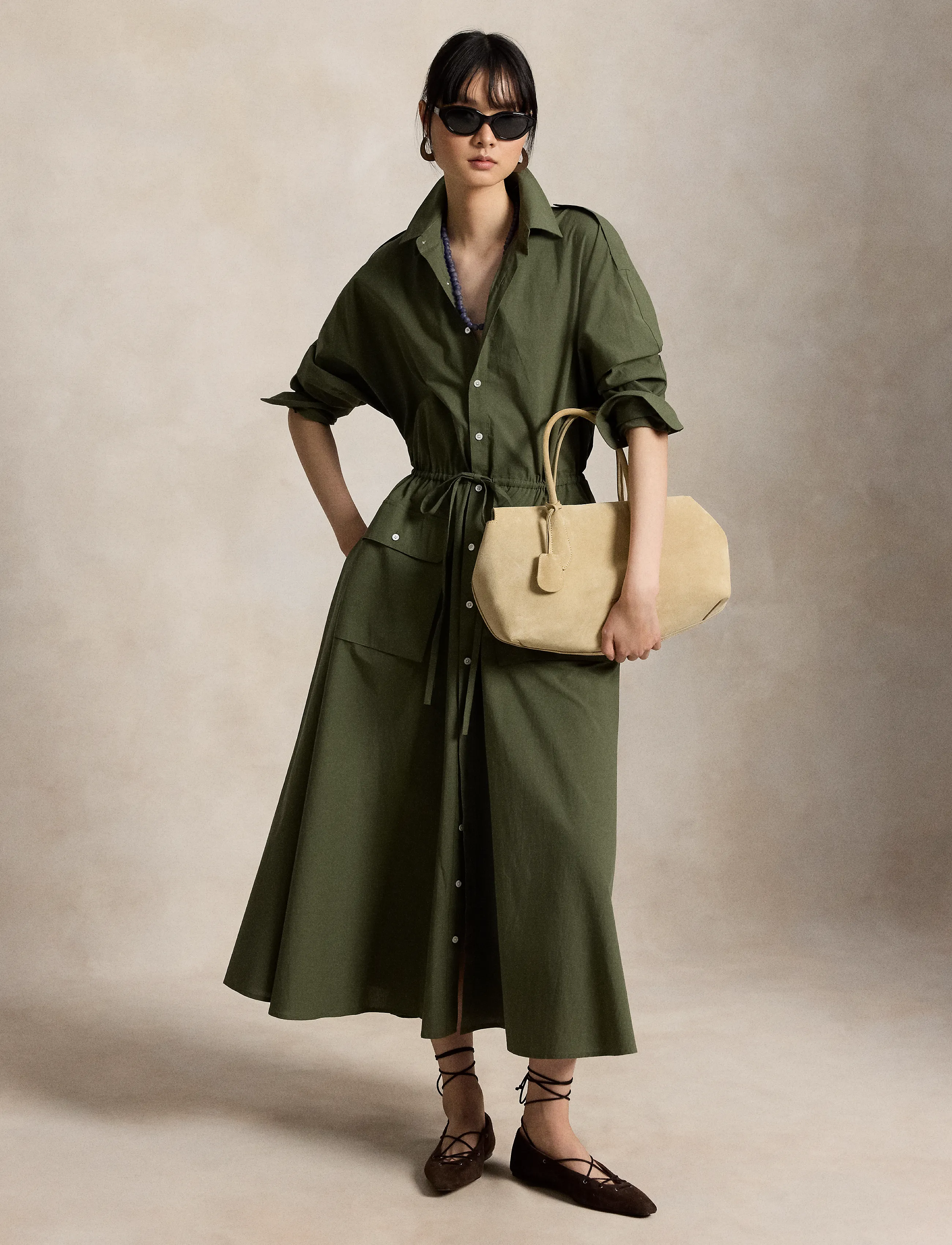 Polo Ralph Lauren Cotton Canvas Utility Shirtdress, 38, Dresses, Khakigrün - Maxi Dress, Frauen