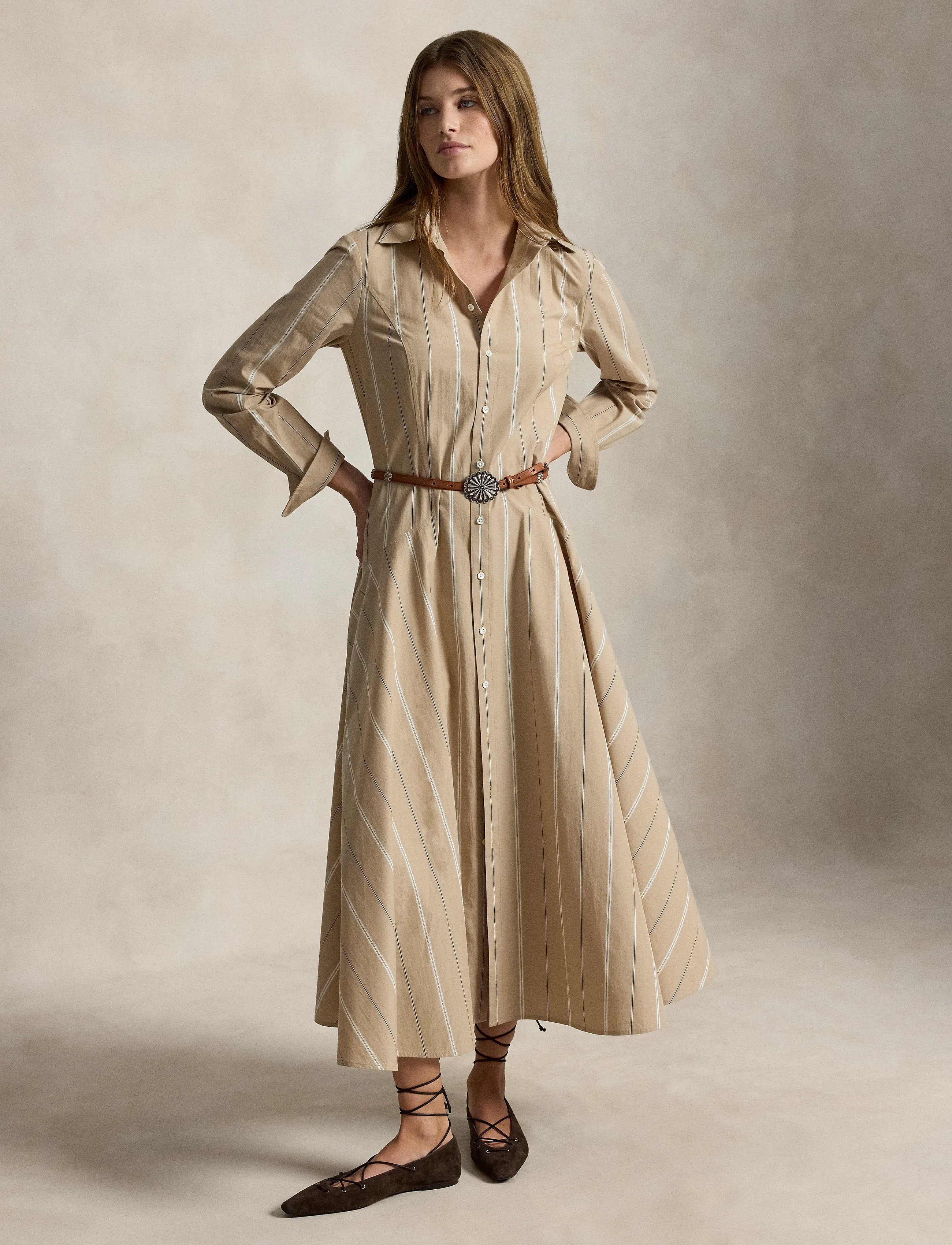 Polo Ralph Lauren Striped Cotton Paneled Shirtdress - Riided - 2026B TAN-CREAM / beige