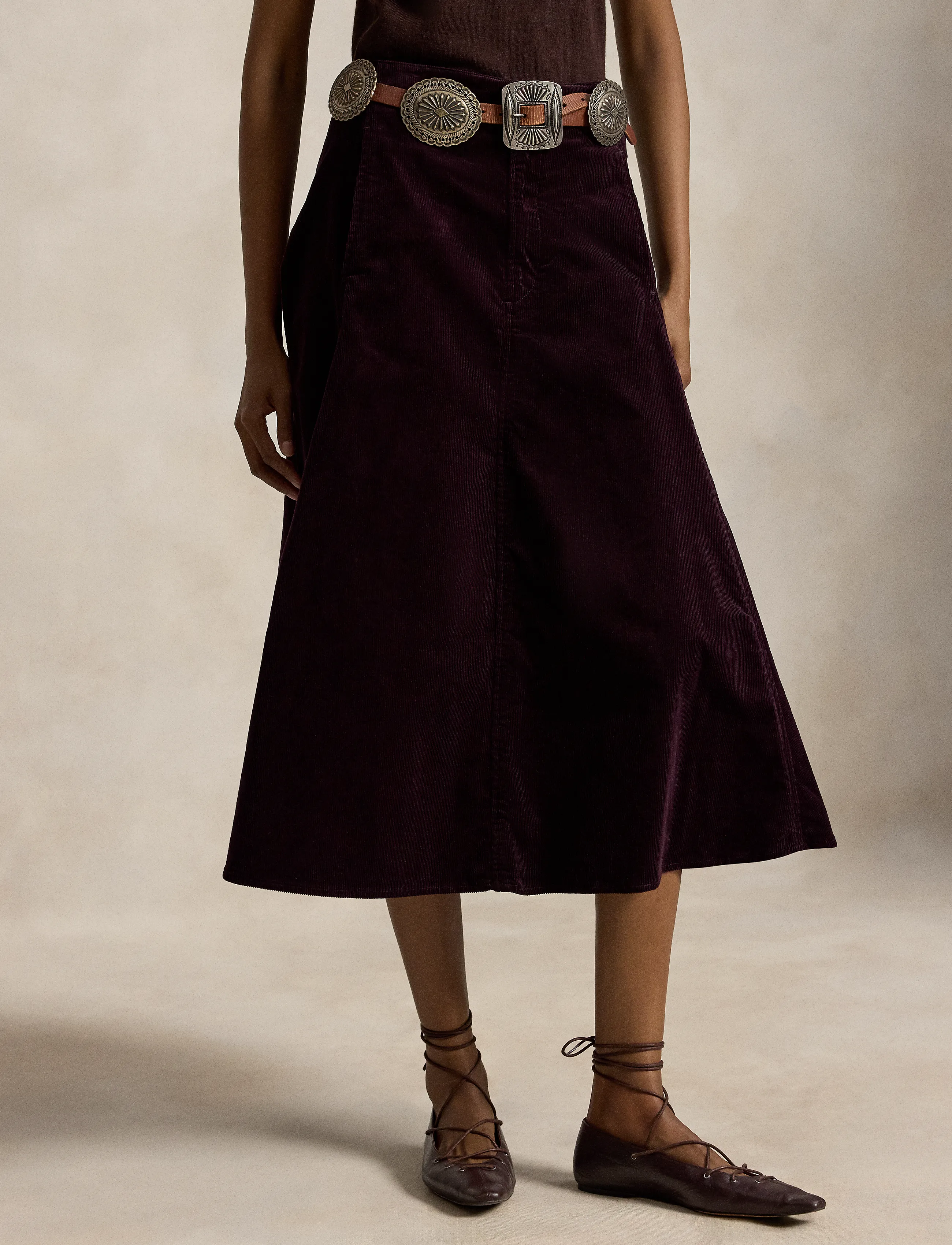 Polo Ralph Lauren Corduroy A-Line Midi Skirt - Ralph Lauren - MIDNIGHT MERLOT / burgundy