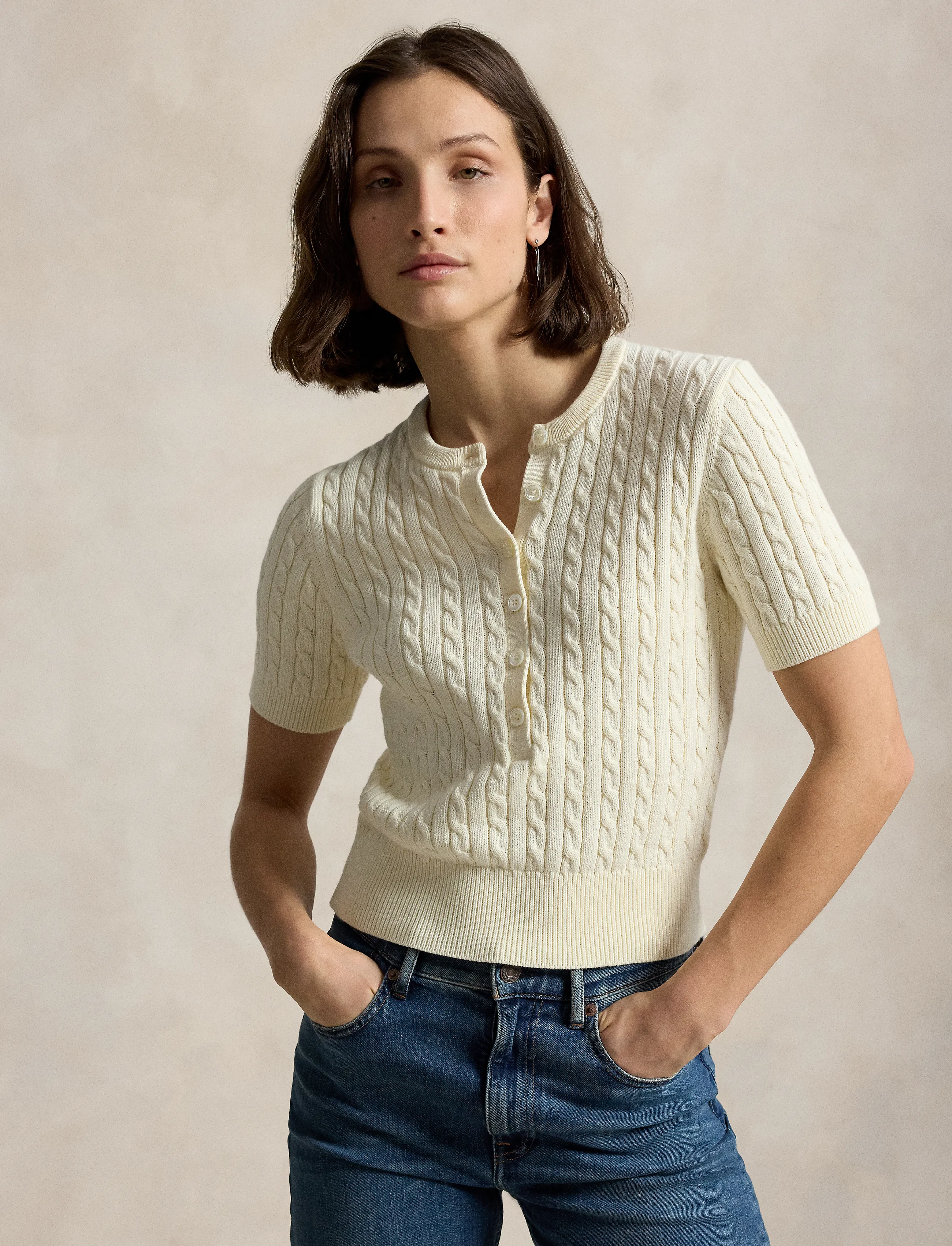 Polo Ralph Lauren Mini-Cable Short-Sleeve Henley Sweater, M, T-shirts & Oberteile, Creme - Short-sleeved, Frauen