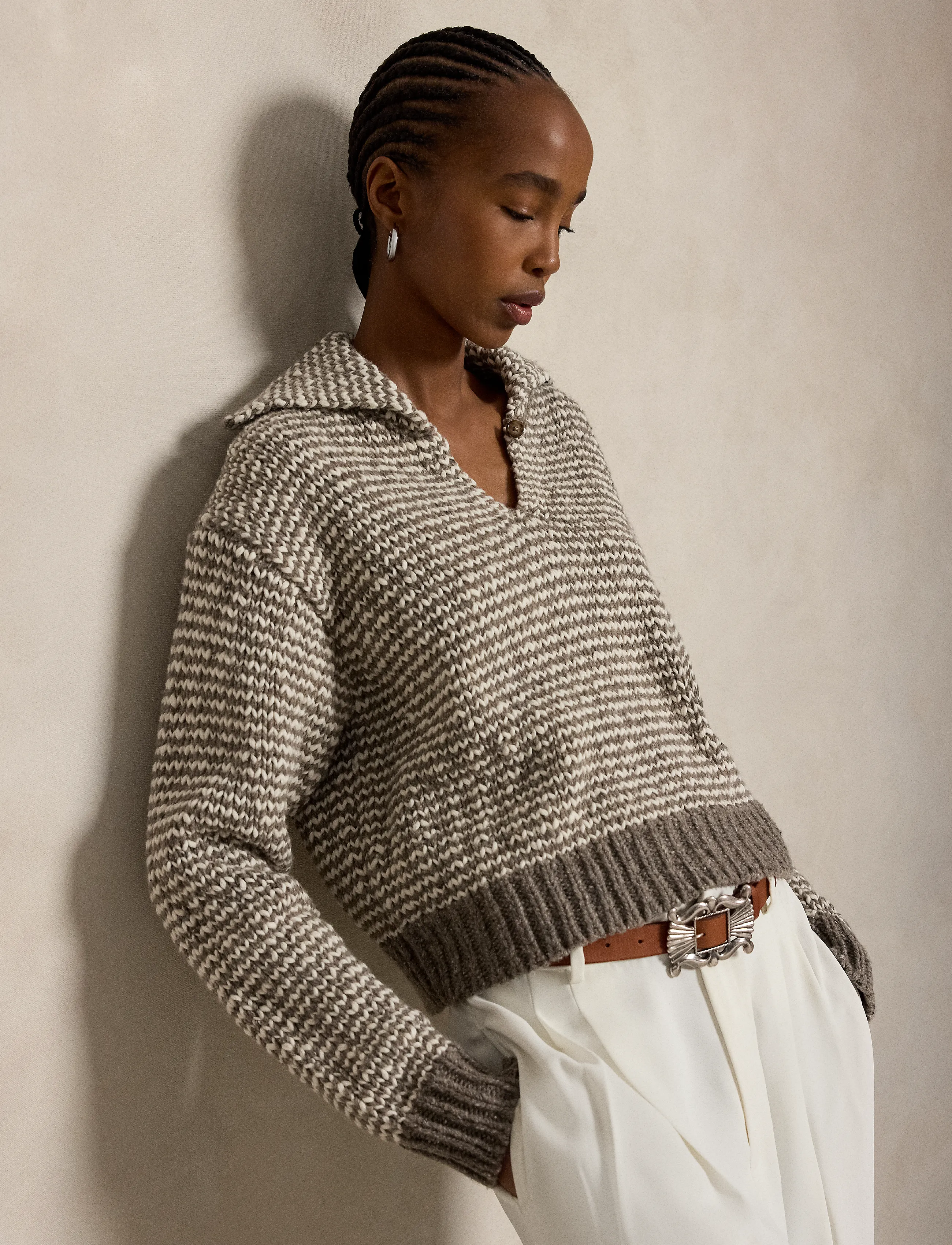 Polo Ralph Lauren - Striped Cotton-Blend Sweater - pullover - stone grey/cream - 4