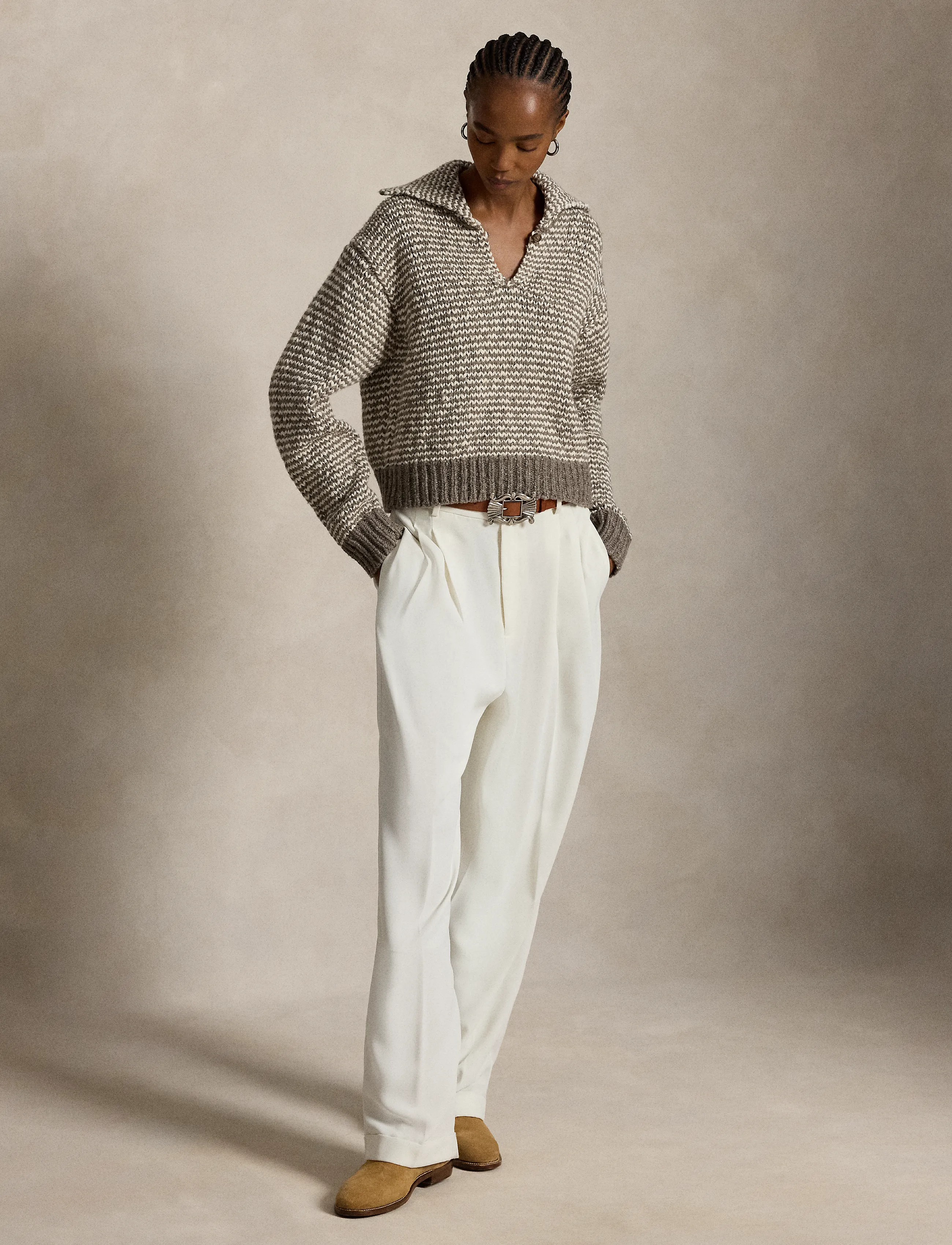 Polo Ralph Lauren - Striped Cotton-Blend Sweater - pullover - stone grey/cream - 5