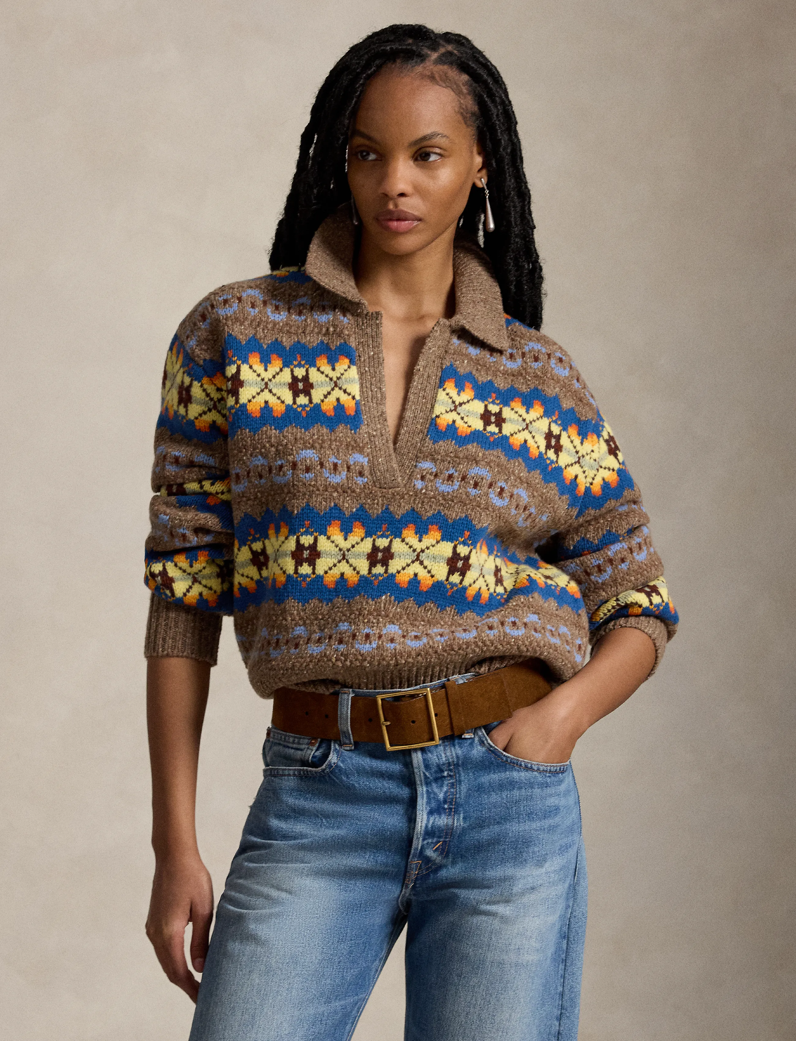 Polo Ralph Lauren - Fair Isle Wool-Blend Polo-Collar Sweater - stickade tröjor - tan multi - 5