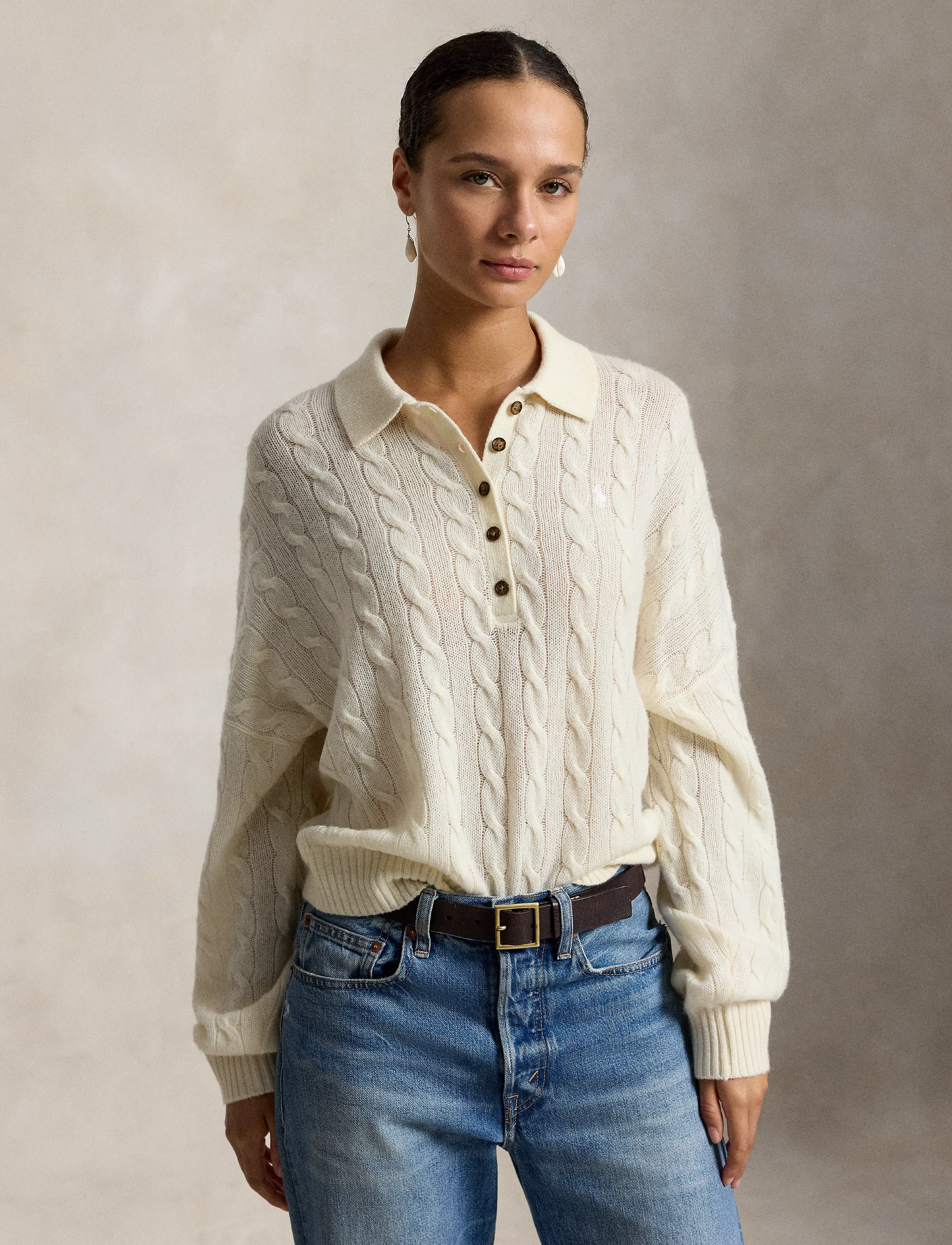 Polo Ralph Lauren Cable Wool-Cashmere Polo-Collar Sweater - Ralph Lauren - AUTHENTIC CREAM / cream