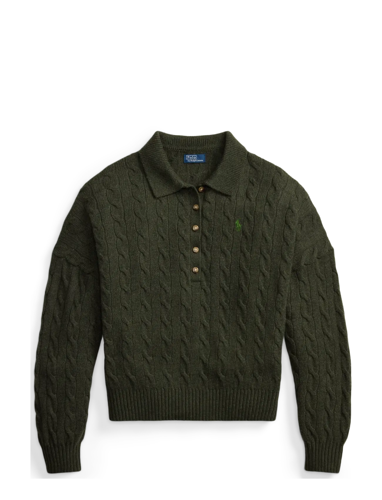 Polo Ralph Lauren Cable Wool-Cashmere Polo-Collar Sweater - Clothing - OLIVE UMBER HEATH / khaki/green