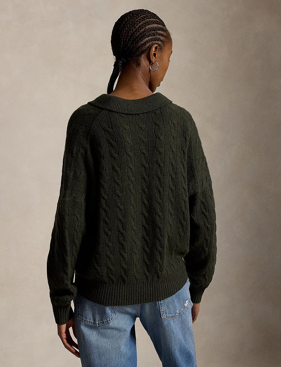 Polo Ralph Lauren - Cable Wool-Cashmere Polo-Collar Sweater - olive umber heath - 1