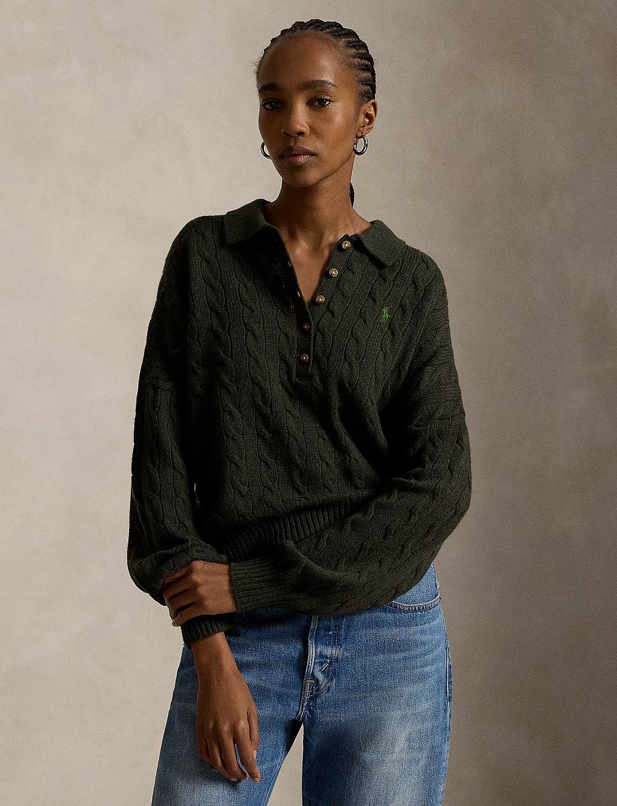 Polo Ralph Lauren - Cable Wool-Cashmere Polo-Collar Sweater - olive umber heath - 2