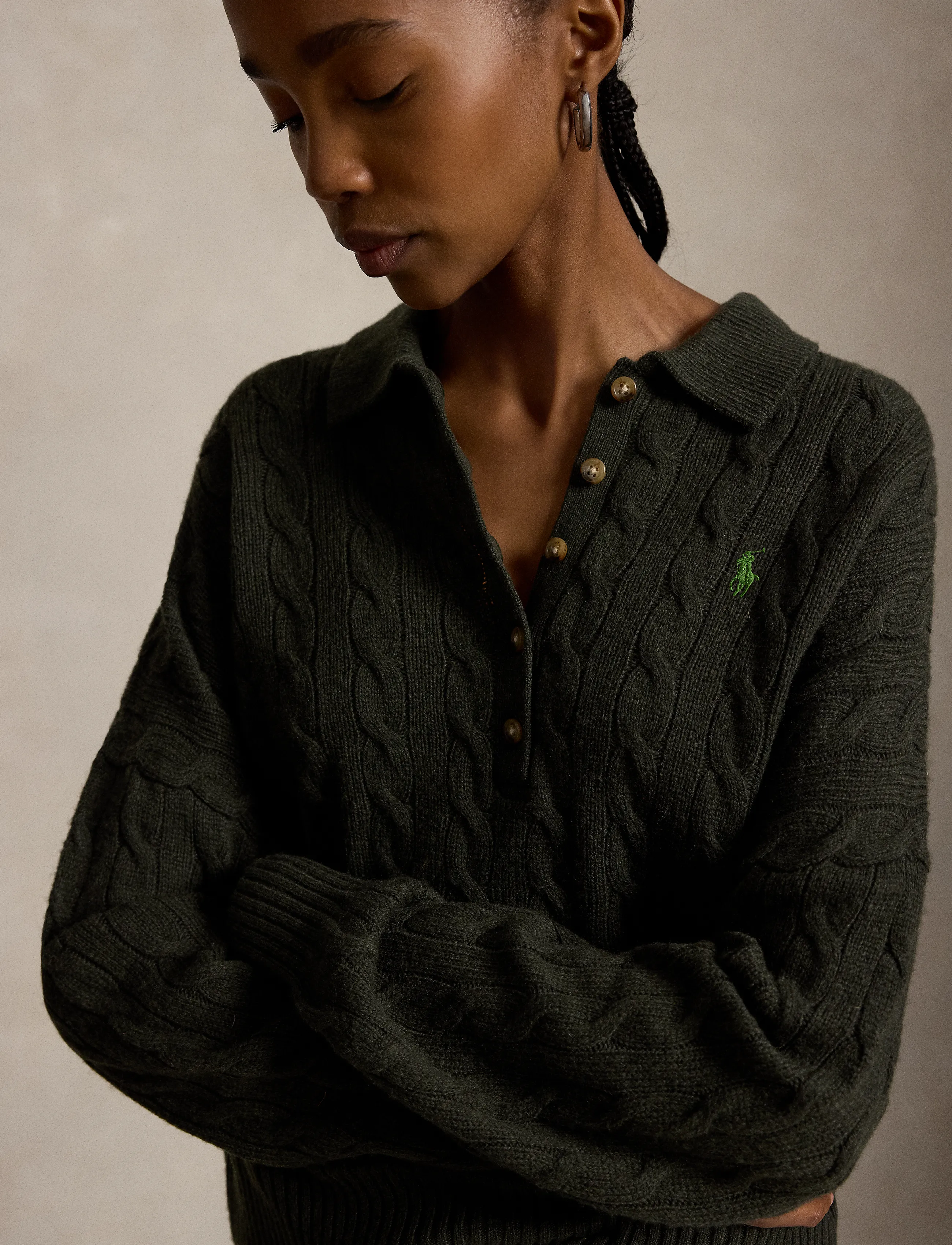 Polo Ralph Lauren - Cable Wool-Cashmere Polo-Collar Sweater - olive umber heath - 3