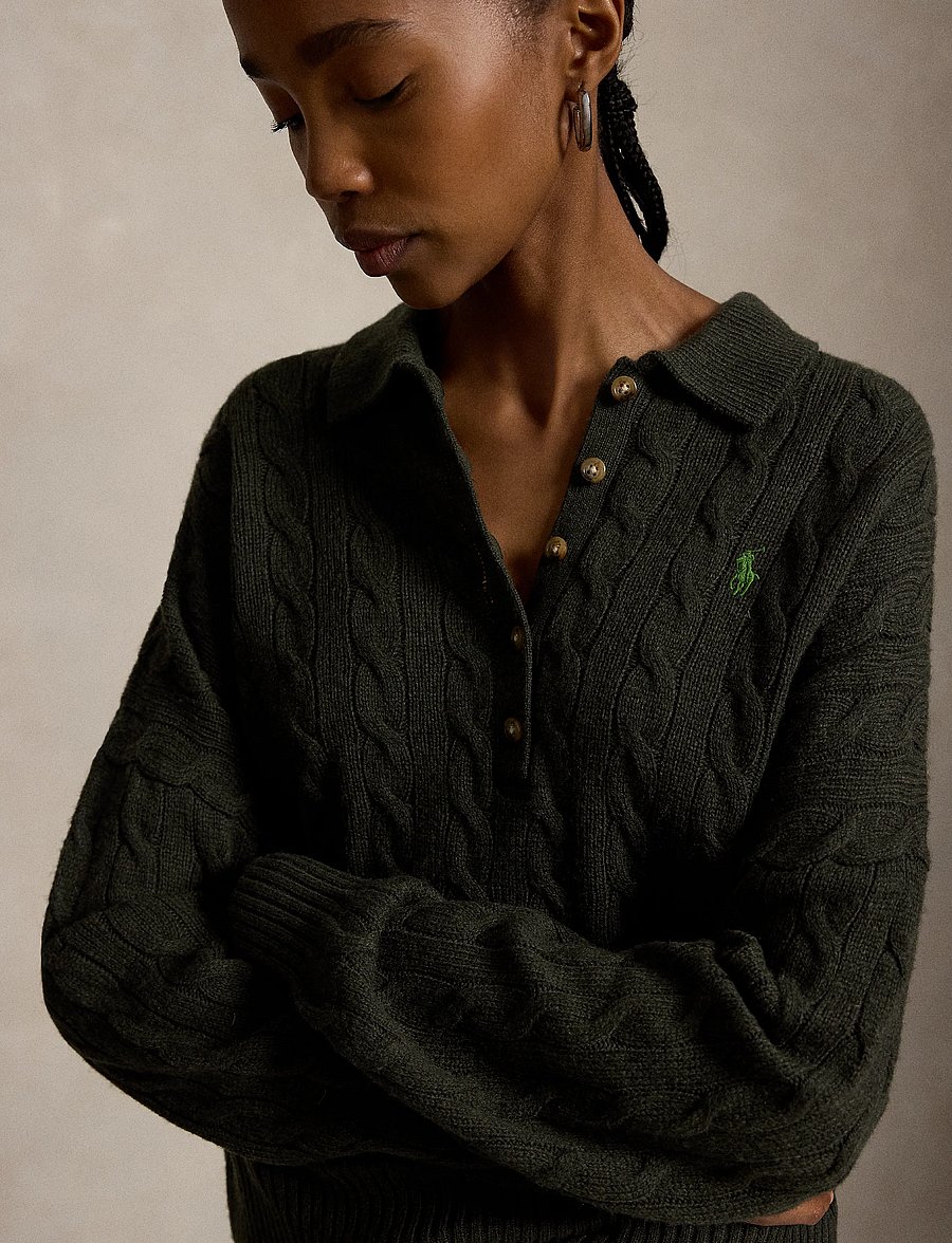 Polo Ralph Lauren - Cable Wool-Cashmere Polo-Collar Sweater - olive umber heath - 3