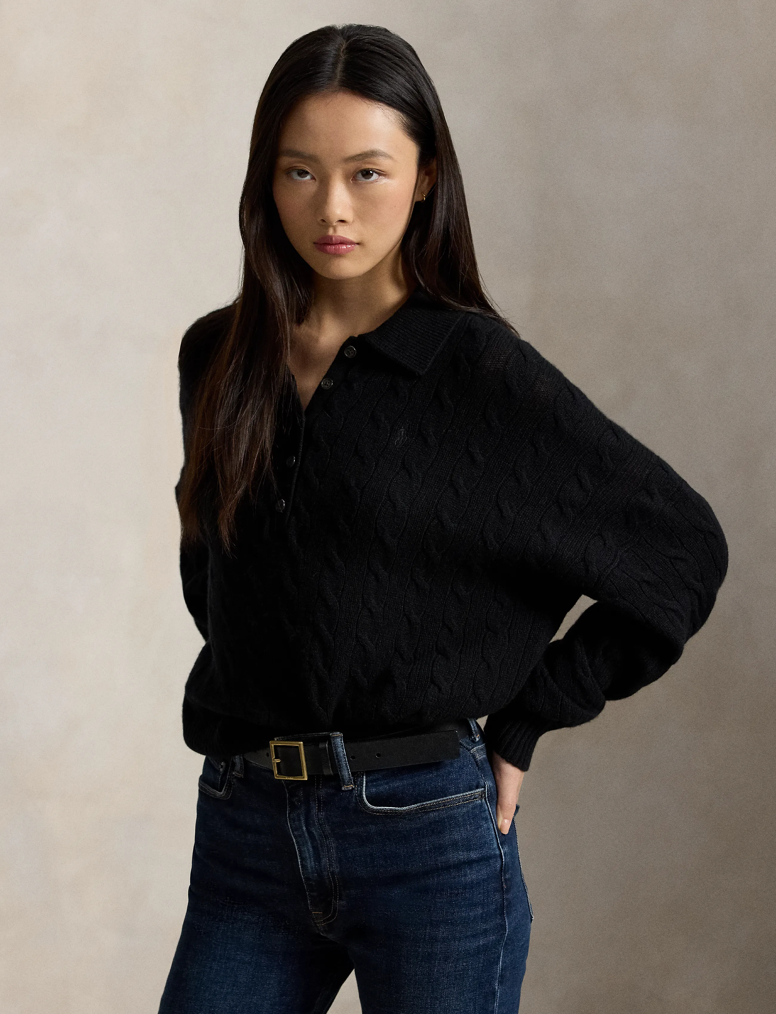 Polo Ralph Lauren - Cable Wool-Cashmere Polo-Collar Sweater - cashmere - polo black - 5