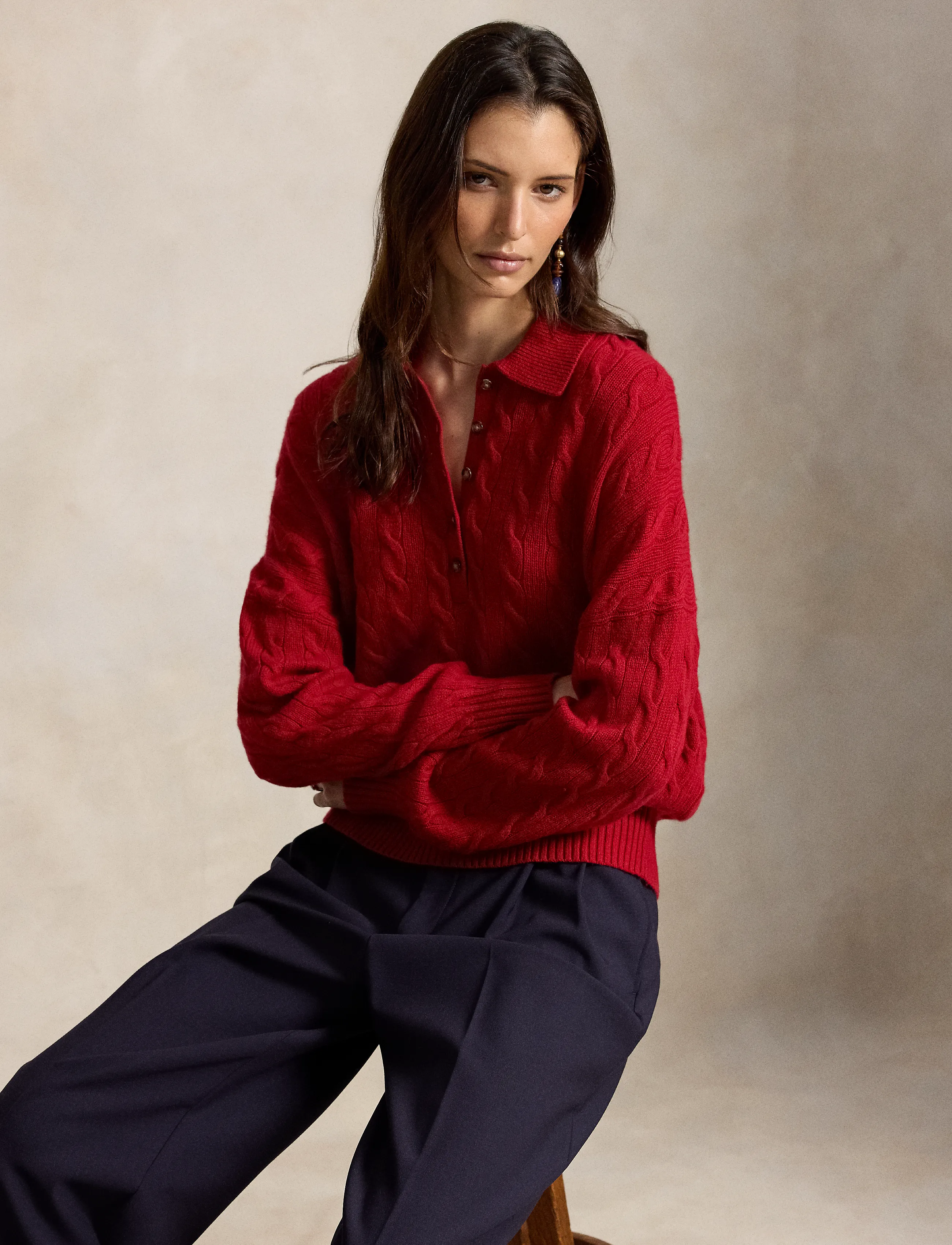 Polo Ralph Lauren - Cable Wool-Cashmere Polo-Collar Sweater - cashmere - university red - 5