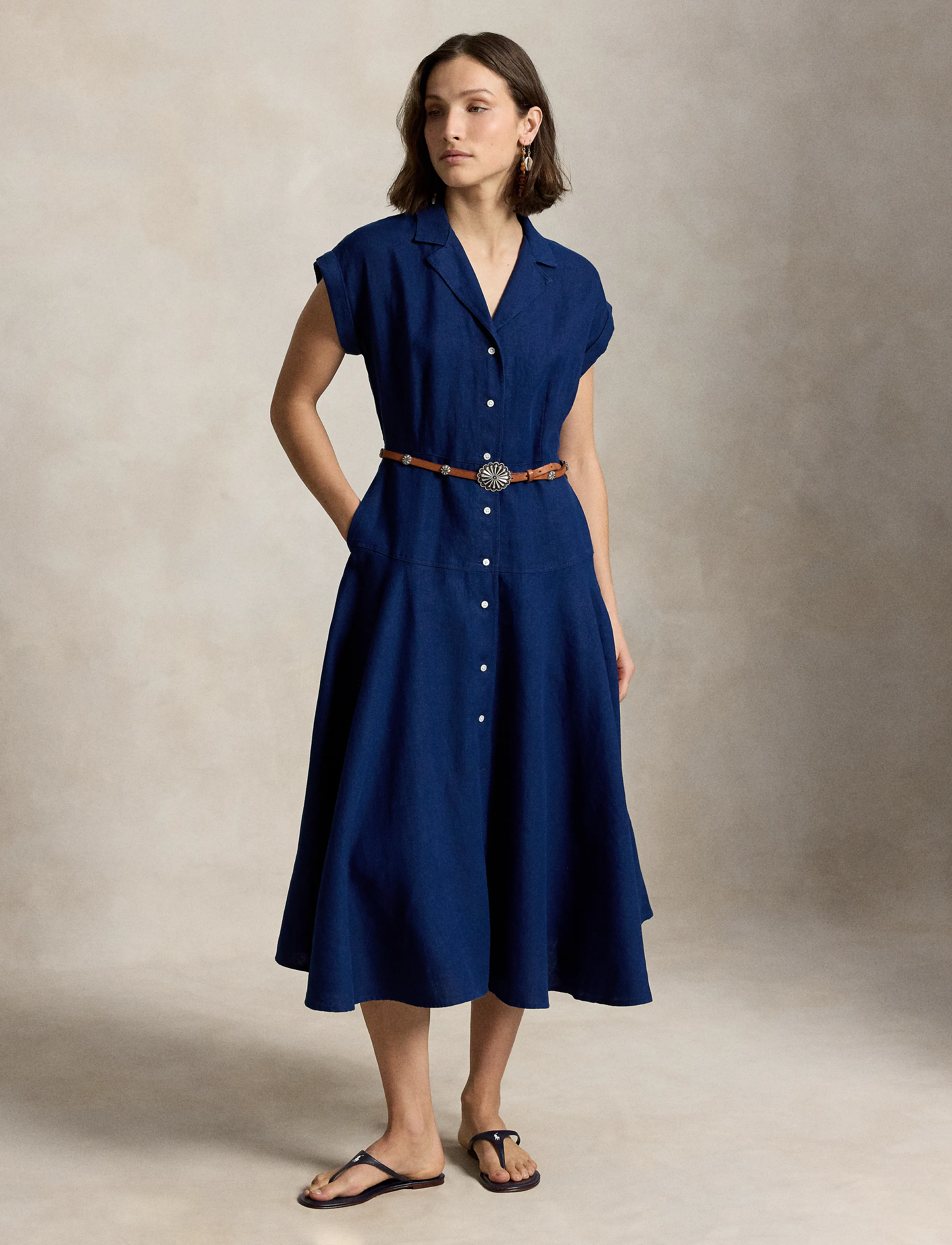 Polo Ralph Lauren Linen Cap-Sleeve Shirtdress, 40, Dresses, Blau - Knee-length & Midi, Frauen