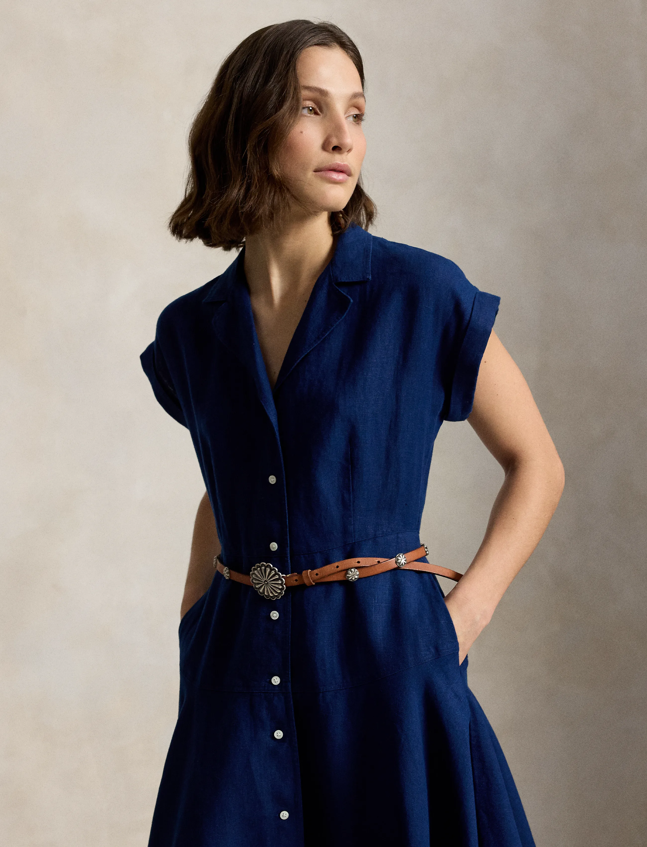 Polo Ralph Lauren - Linen Cap-Sleeve Shirtdress - skjortklänningar - east side royal - 5