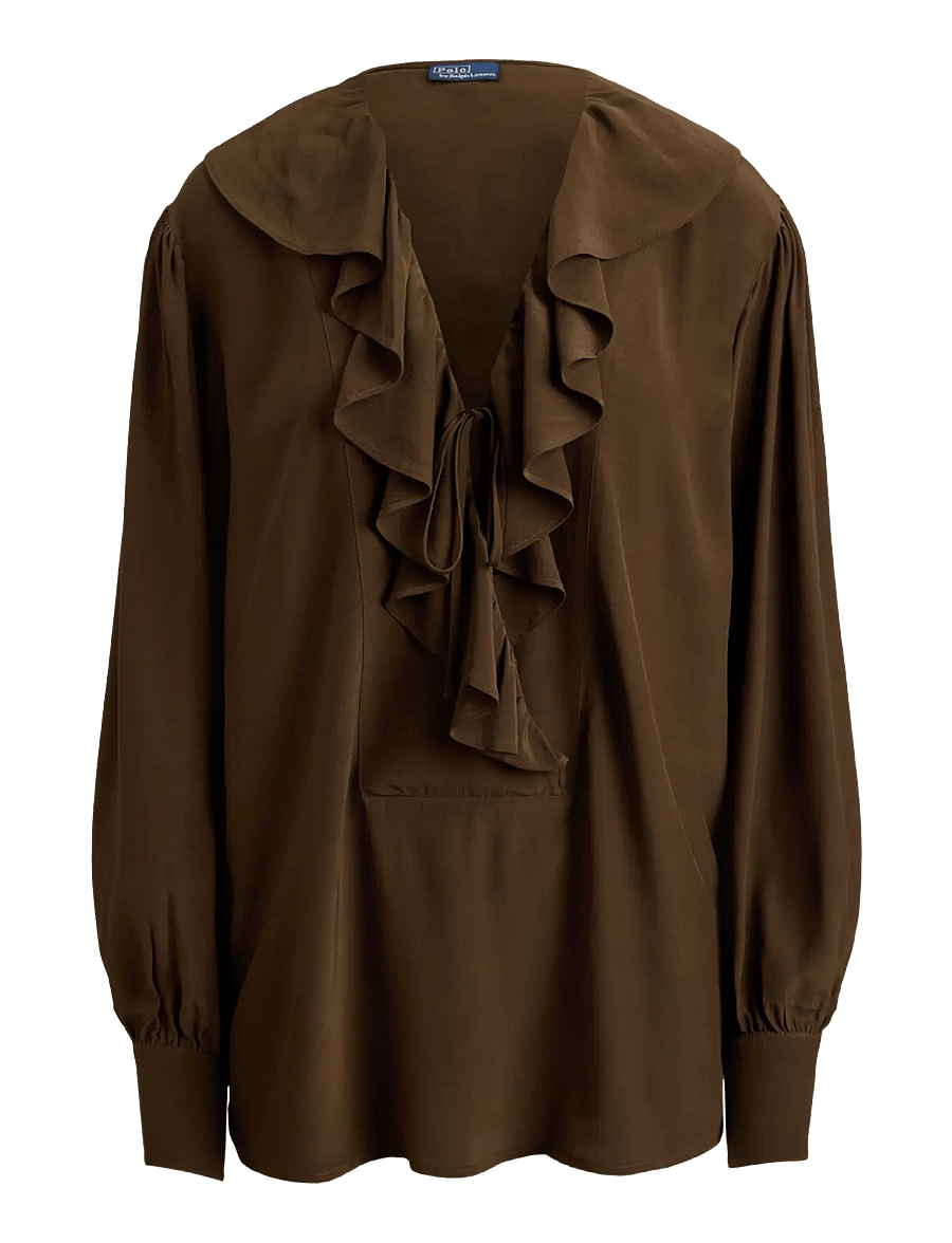 Polo Ralph Lauren - Ruffled Crepe Shirt - langärmlige hemden - dark brown - 1