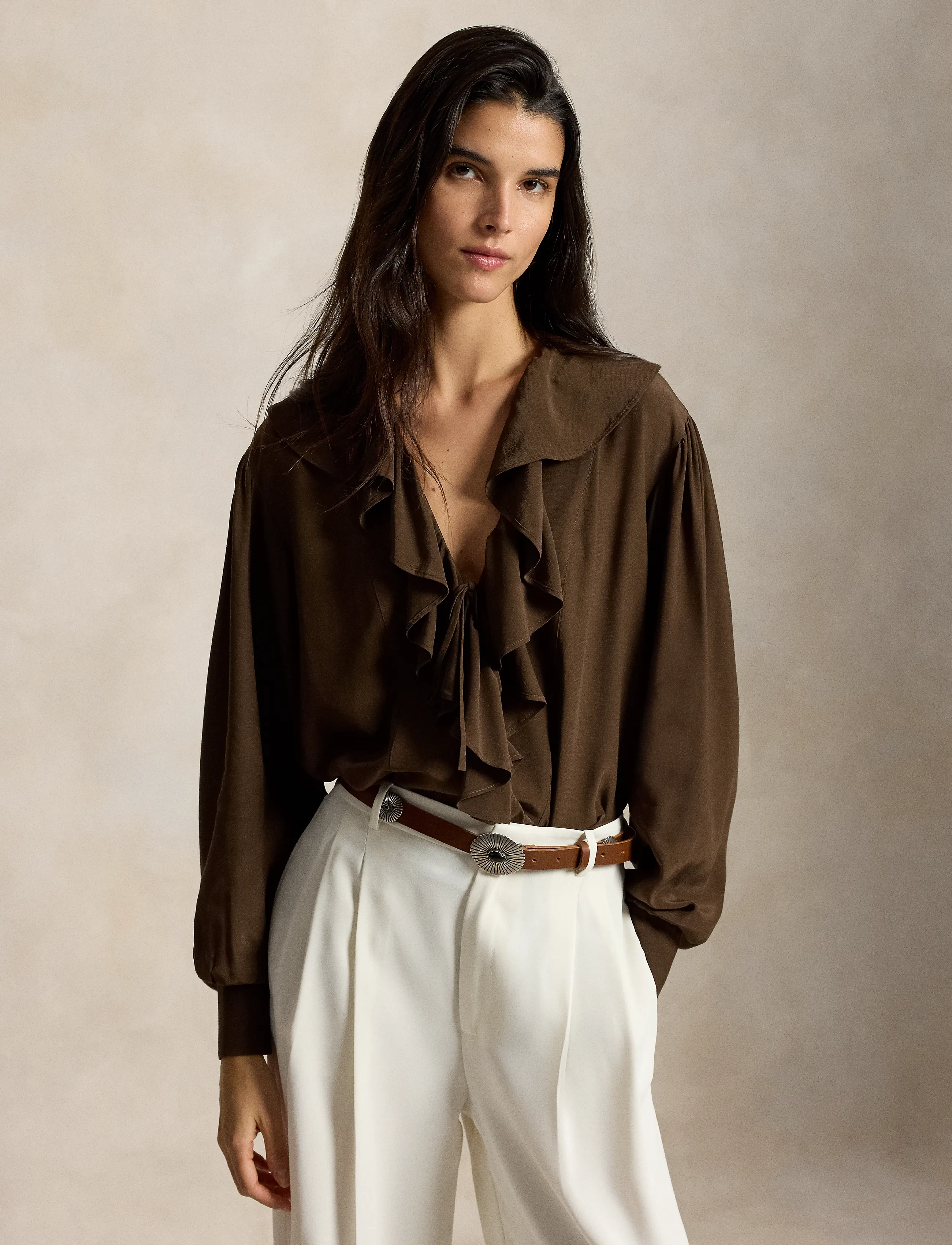 Polo Ralph Lauren - Ruffled Crepe Shirt - long-sleeved shirts - dark brown - 0