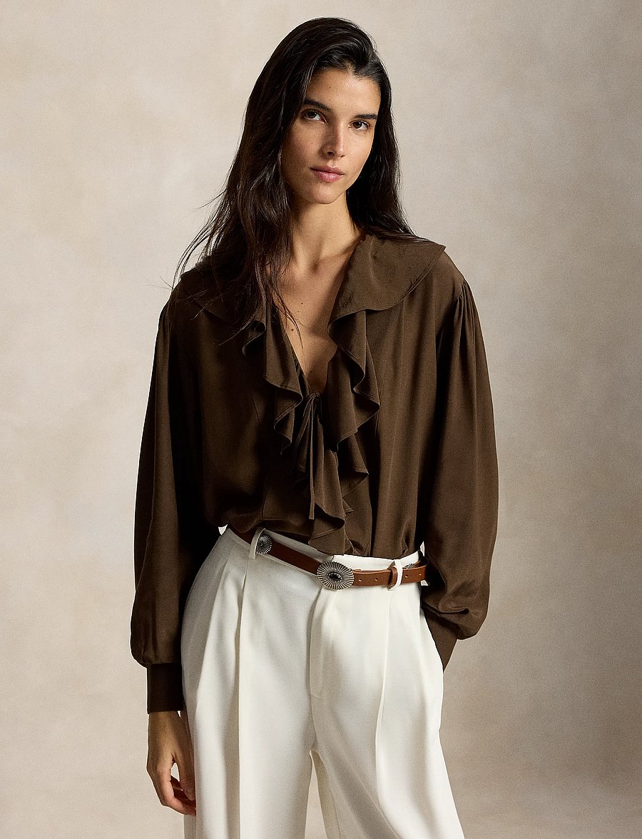 Polo Ralph Lauren - Ruffled Crepe Shirt - langärmlige hemden - dark brown - 0