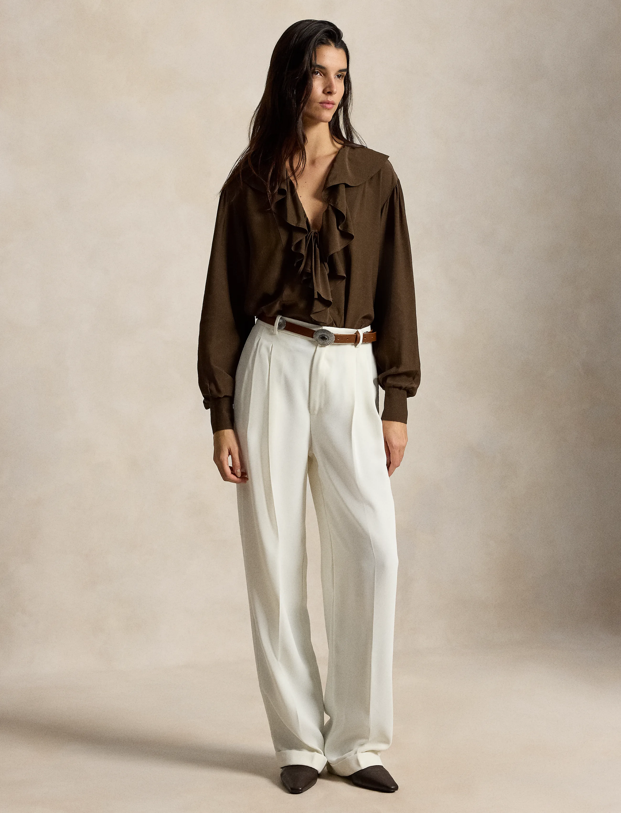 Polo Ralph Lauren - Ruffled Crepe Shirt - long-sleeved shirts - dark brown - 3