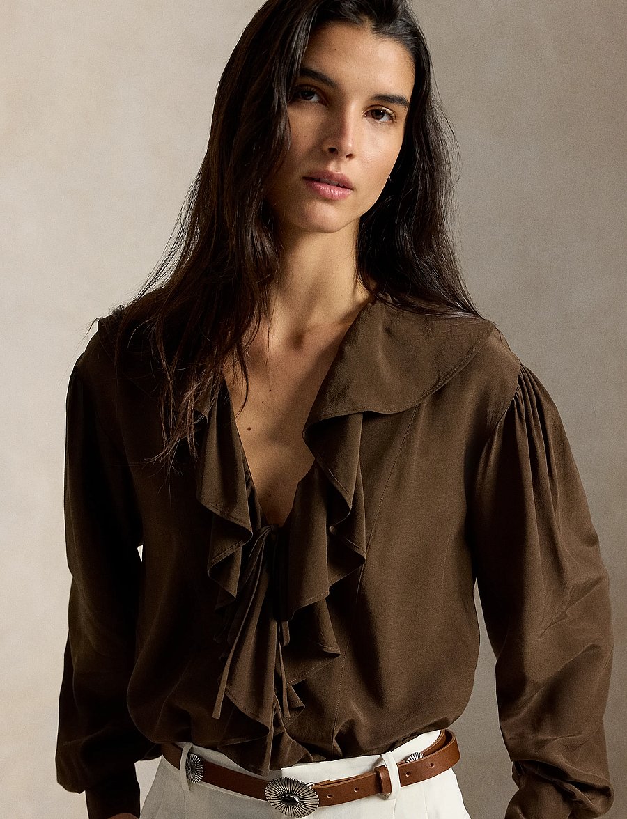 Polo Ralph Lauren - Ruffled Crepe Shirt - langärmlige hemden - dark brown - 4