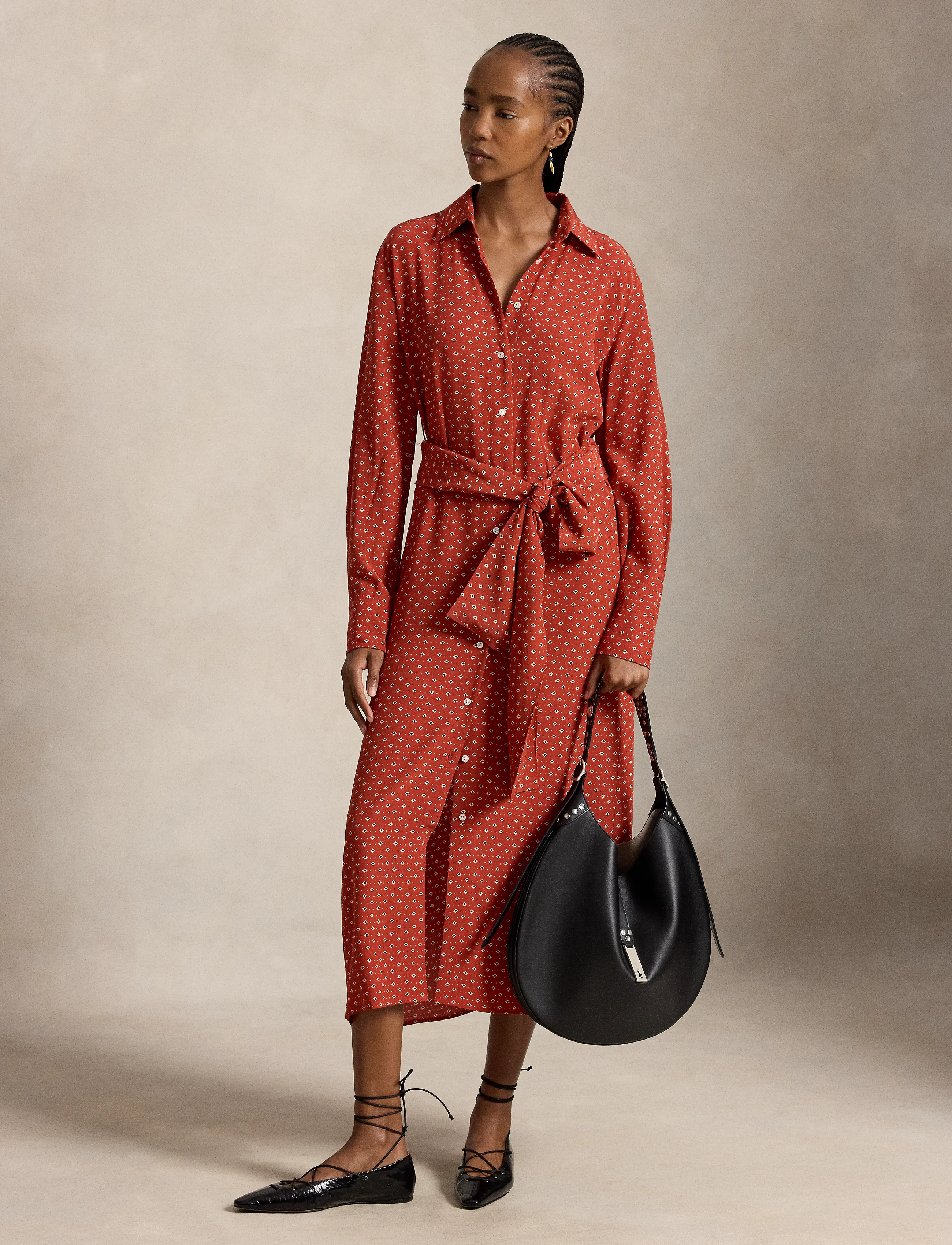 Polo Ralph Lauren Printed Crepe Tie-Waist Shirtdress, 36, Dresses, Rot - Shirt Frauen