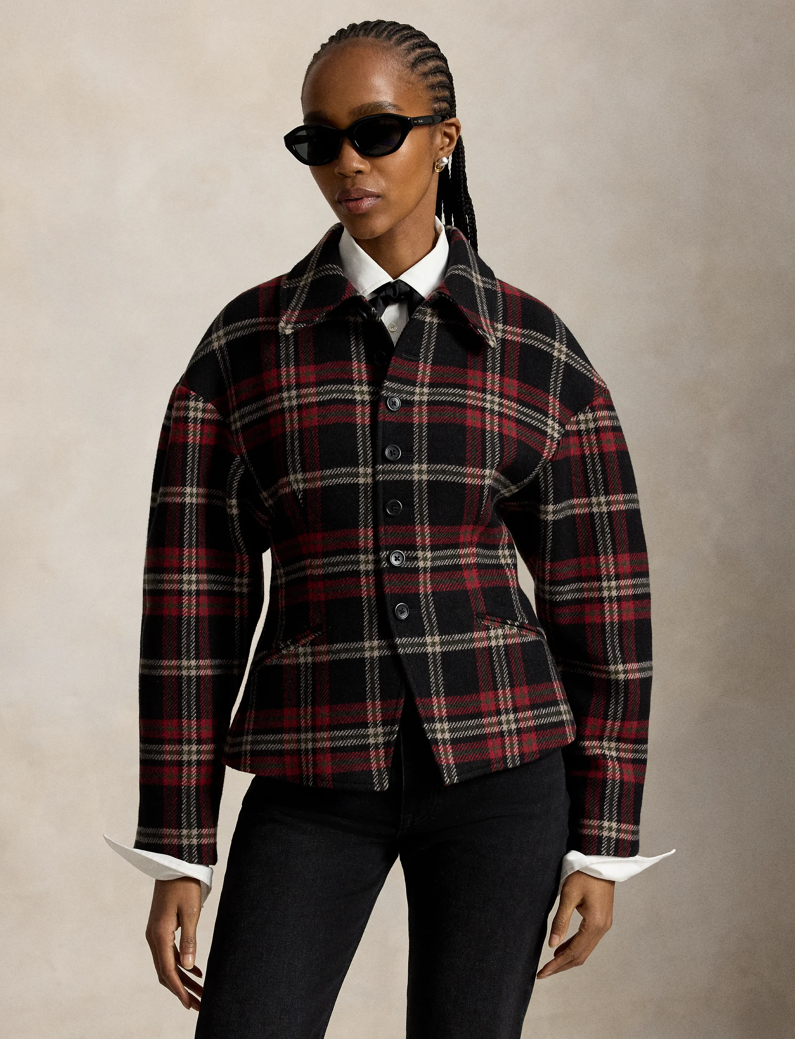 Polo Ralph Lauren Plaid Tweed Sculpted Jacket, Damen, Karierte Tweed Jacke, Rot, Gr.34