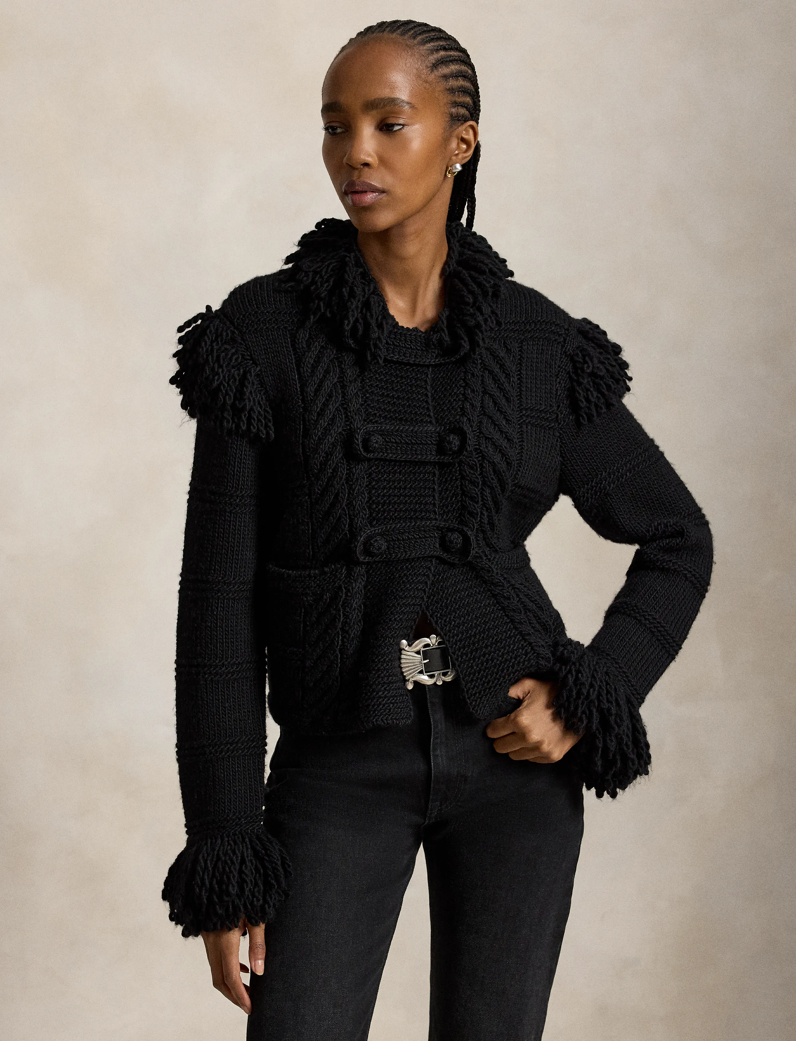 Polo Ralph Lauren - Knit-Fringe Wool Cardigan - cardigans - black - 1