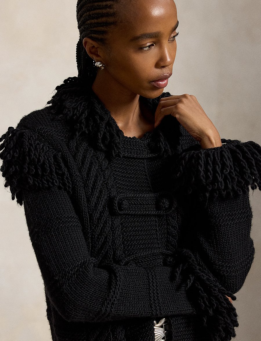 Polo Ralph Lauren - Knit-Fringe Wool Cardigan - cardigans - black - 4