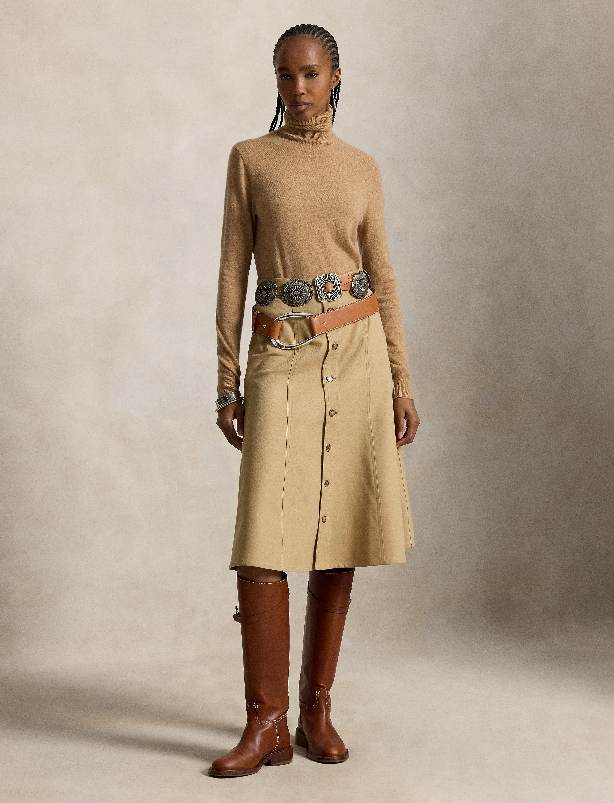Polo Ralph Lauren - Cotton‑Wool Twill Midi Skirt - midi nederdele - monument tan - 1