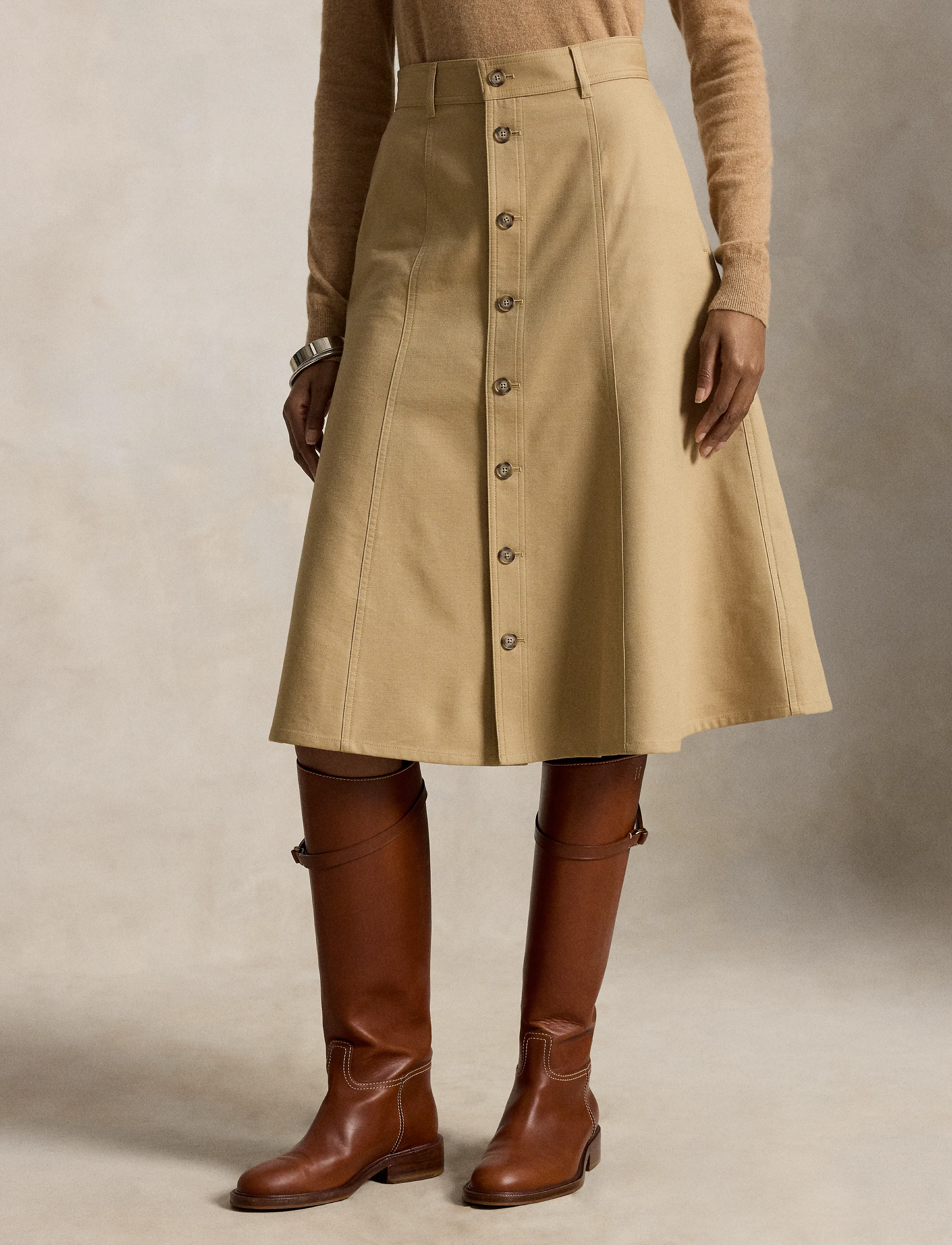 Polo Ralph Lauren - Cotton‑Wool Twill Midi Skirt - midi nederdele - monument tan - 5