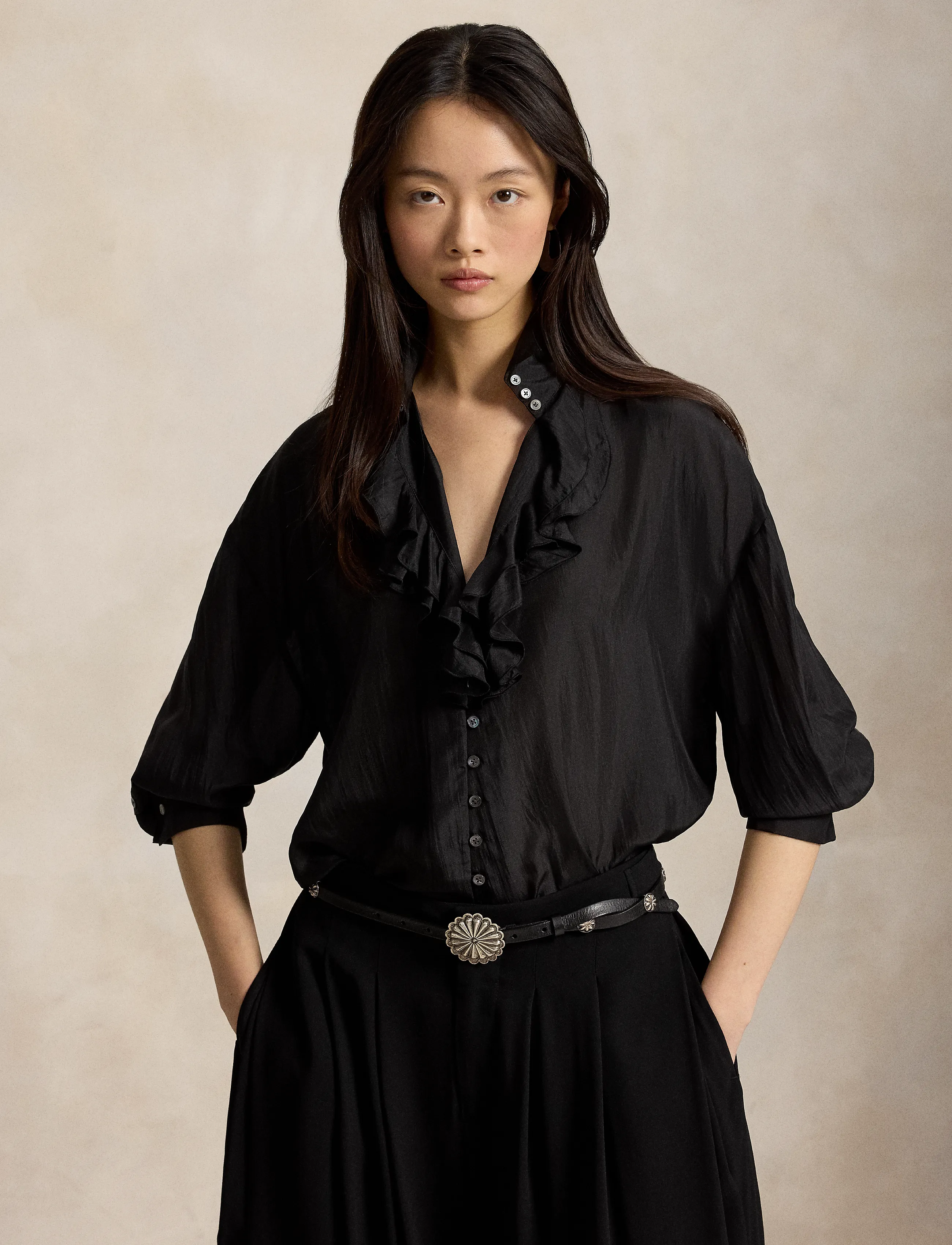 Polo Ralph Lauren - Ruffle-Front Silk Shirt - long-sleeved shirts - polo black - 0