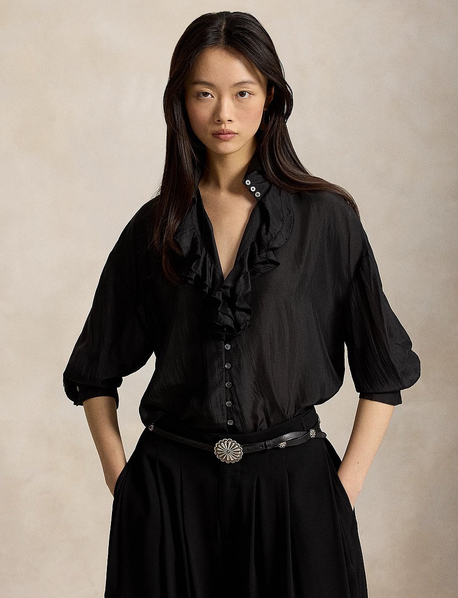 Polo Ralph Lauren - Ruffle-Front Silk Shirt - langärmlige hemden - polo black - 0