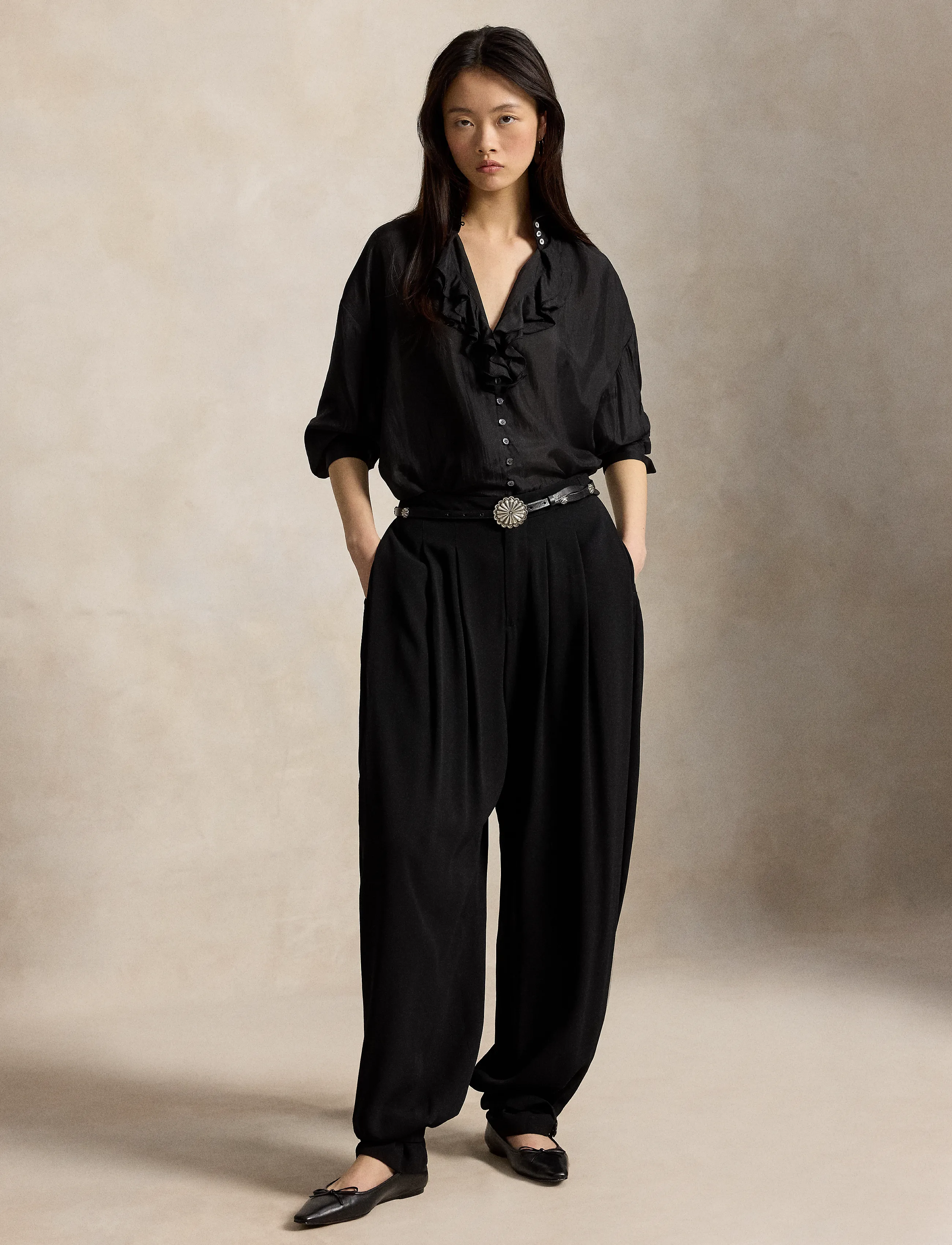 Polo Ralph Lauren - Ruffle-Front Silk Shirt - long-sleeved shirts - polo black - 3