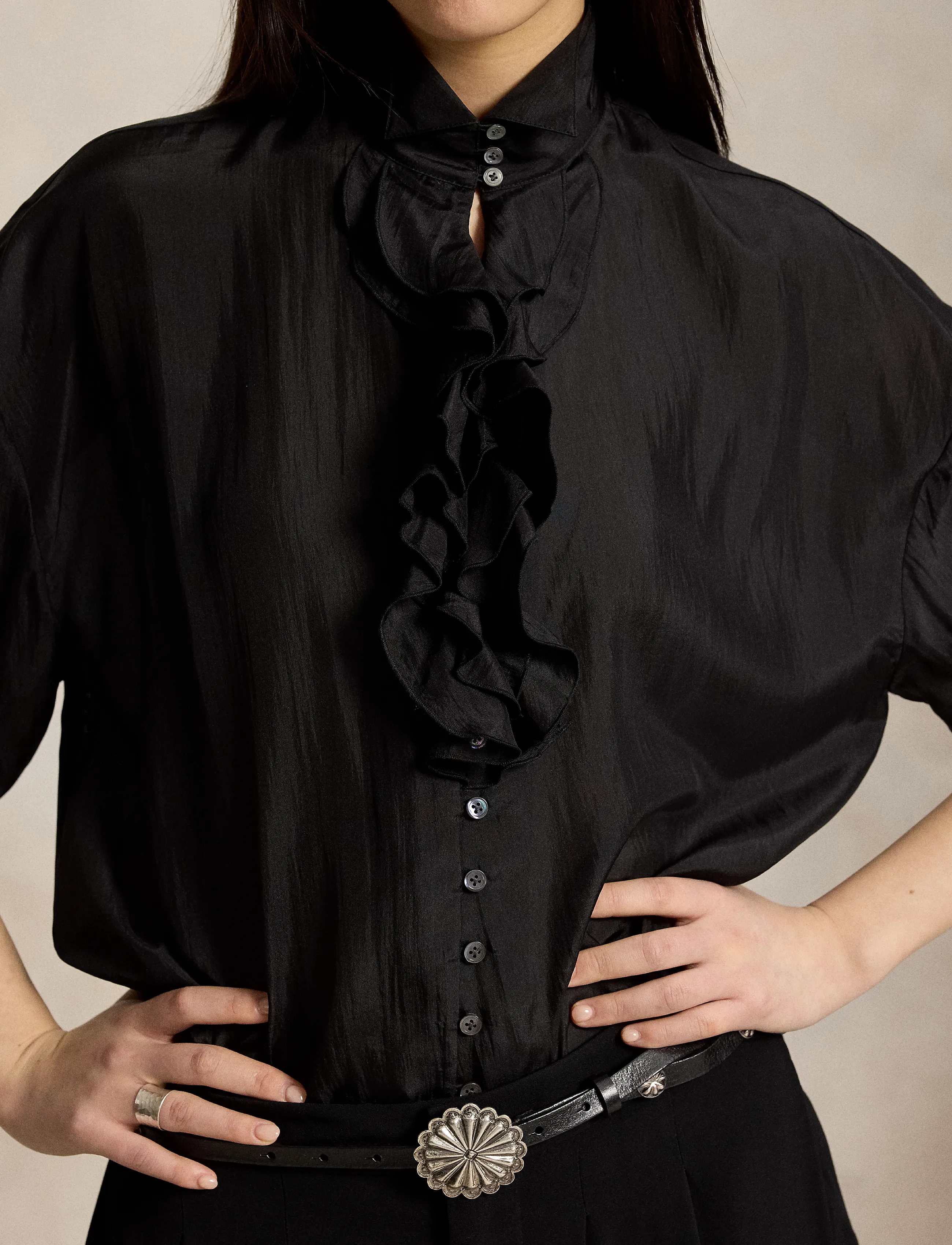 Polo Ralph Lauren - Ruffle-Front Silk Shirt - long-sleeved shirts - polo black - 4