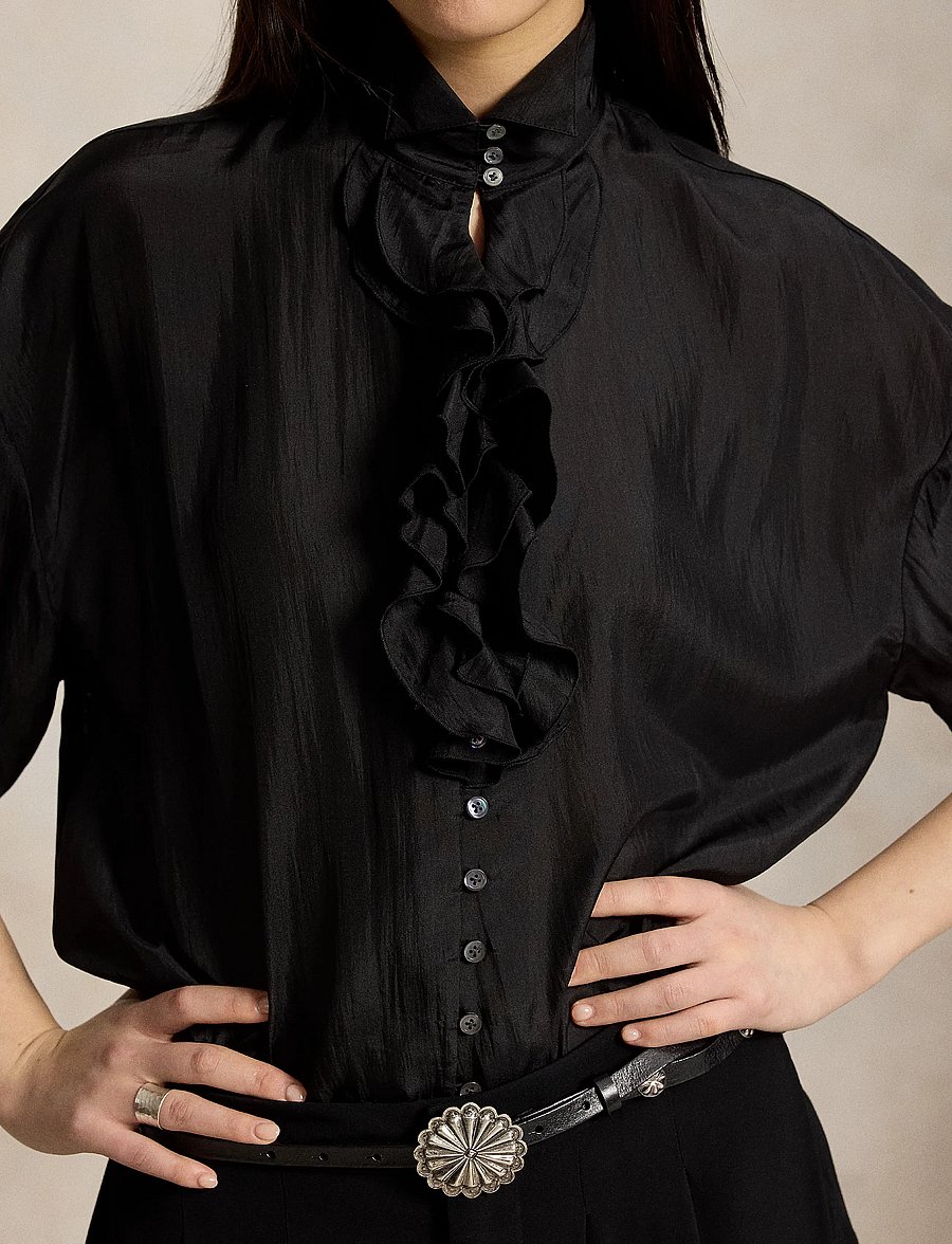 Polo Ralph Lauren - Ruffle-Front Silk Shirt - langärmlige hemden - polo black - 4