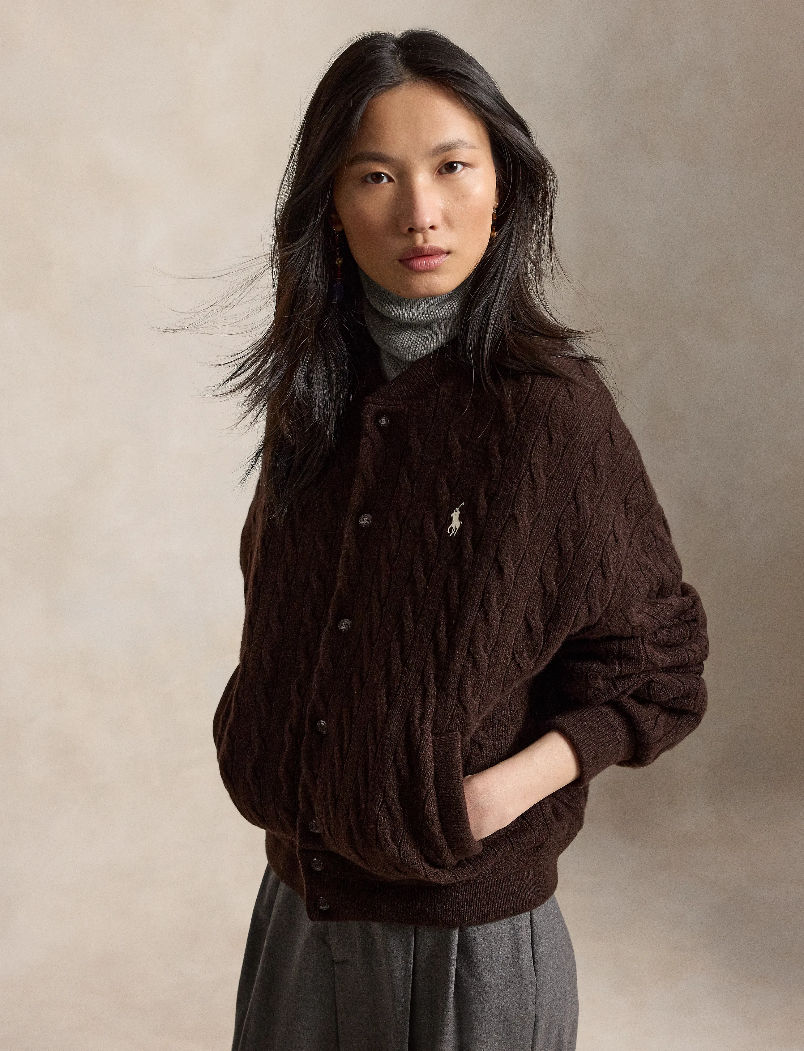 Polo Ralph Lauren - Cable-Knit Wool-Cashmere Snapped Jacket - vinterjackor - walnut brown mela - 5