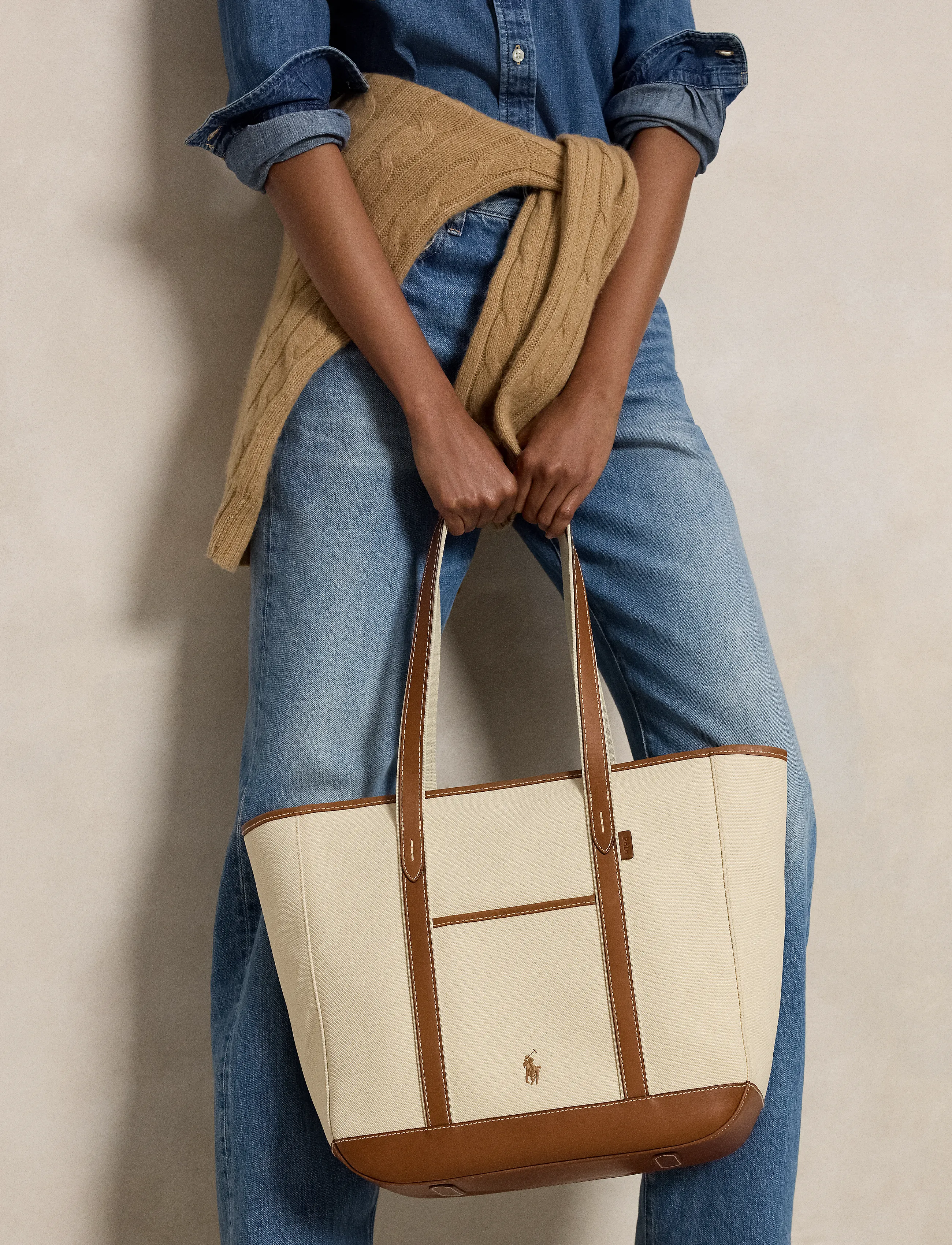 Polo Ralph Lauren Canvas/Leather-Md Shp Tte-Tte-Med, One Size, Cream, Designere > Totes, Dame