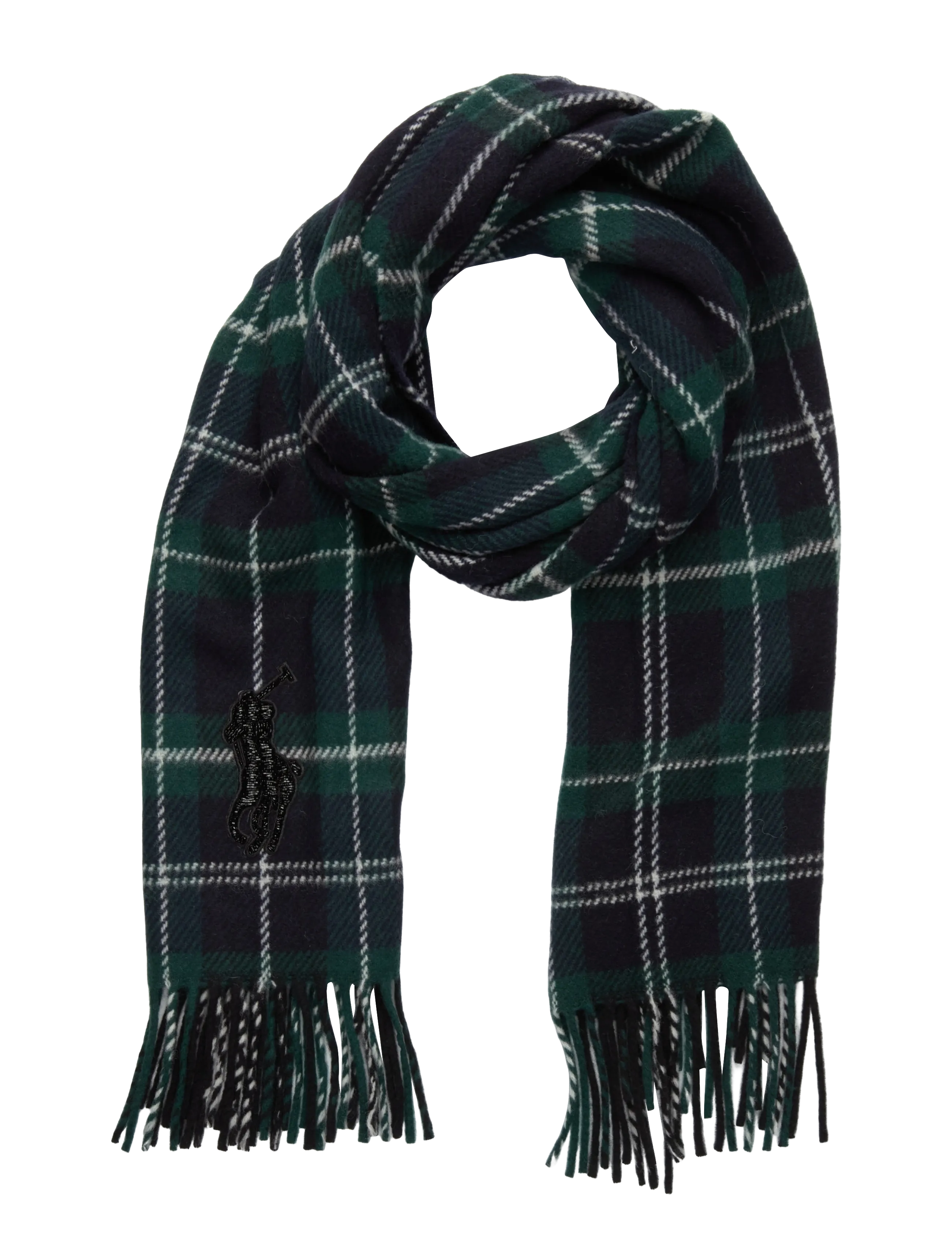 Beaded Big Pony Plaid Wool Scarf - NAVY