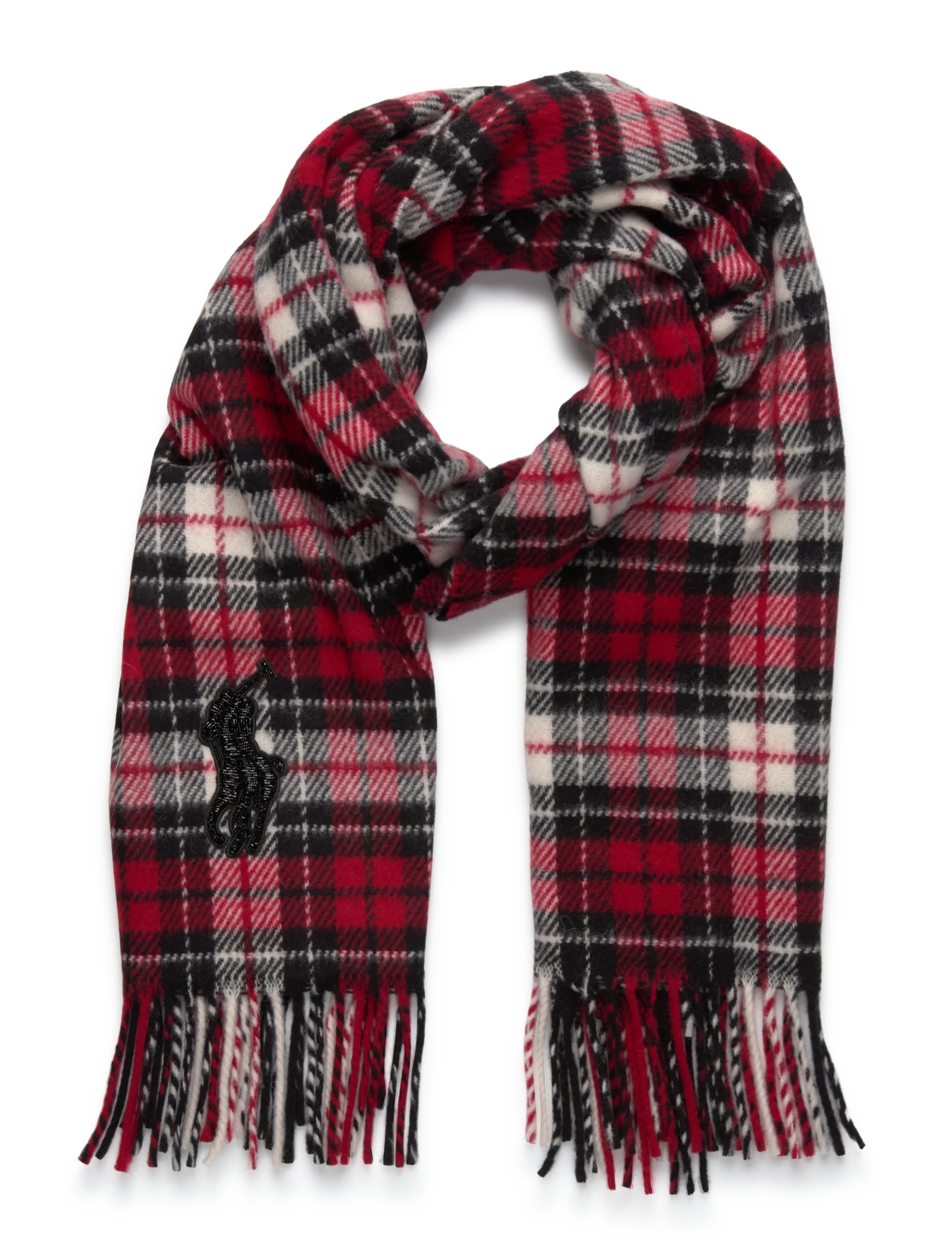 Beaded Big Pony Plaid Wool Scarf - RED