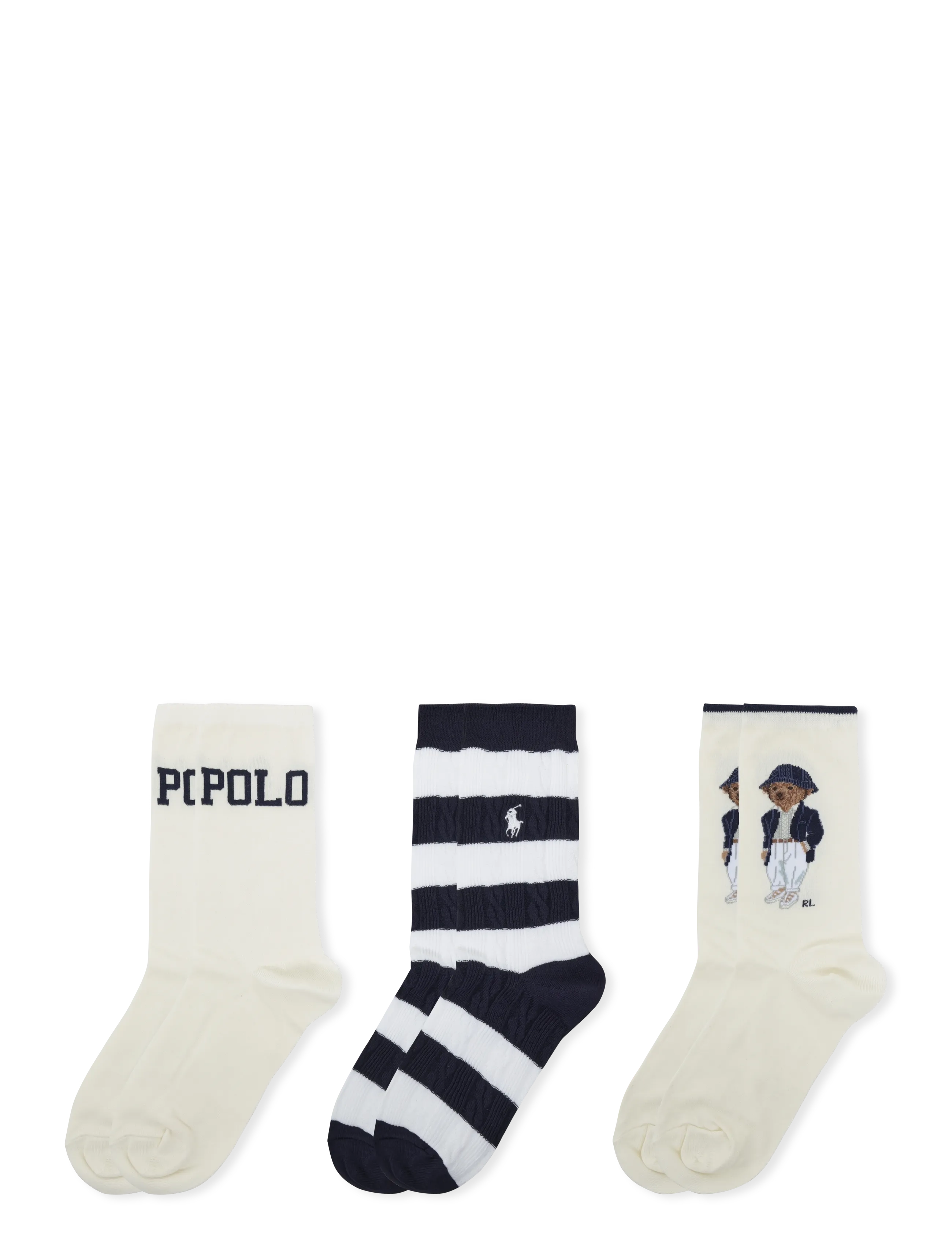 Polo Ralph Lauren - Polo Bear Striped Crew Sock 3-Pack - vanliga strumpor - ivory - 1