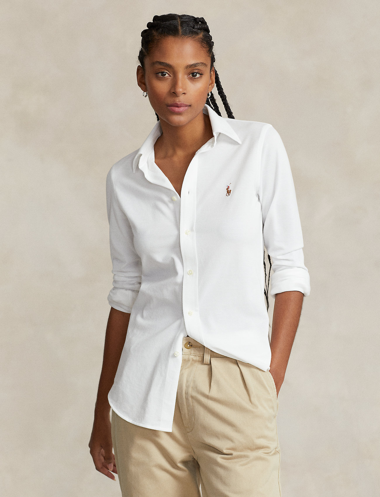 Polo Ralph Lauren - Slim Fit Knit Cotton Oxford Shirt - krekli ar garām piedurknēm - white - 0