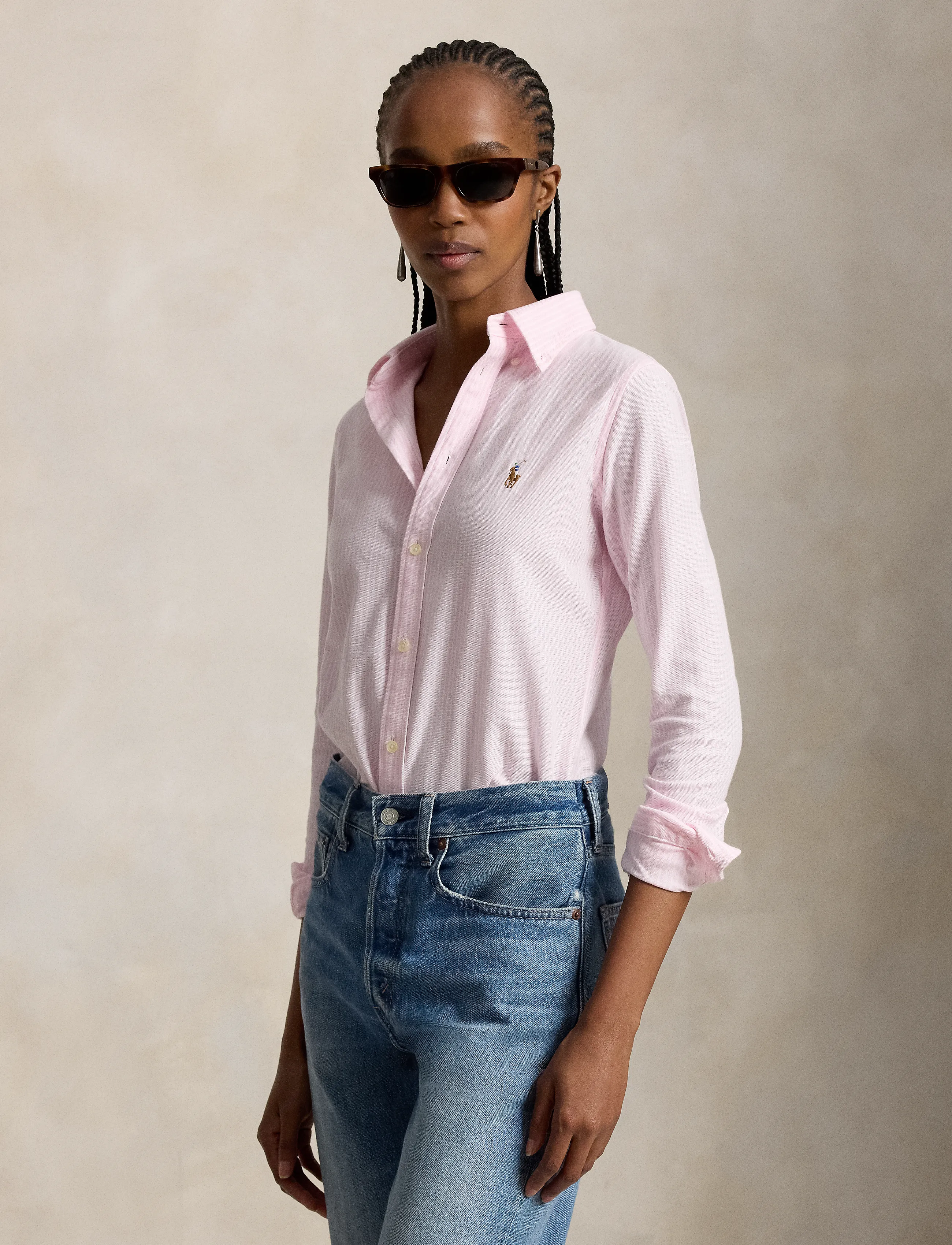Polo Ralph Lauren Striped Knit Oxford Shirt, Kvinder, Stribet Strikket Oxford Skjorte, Pink, Str: S