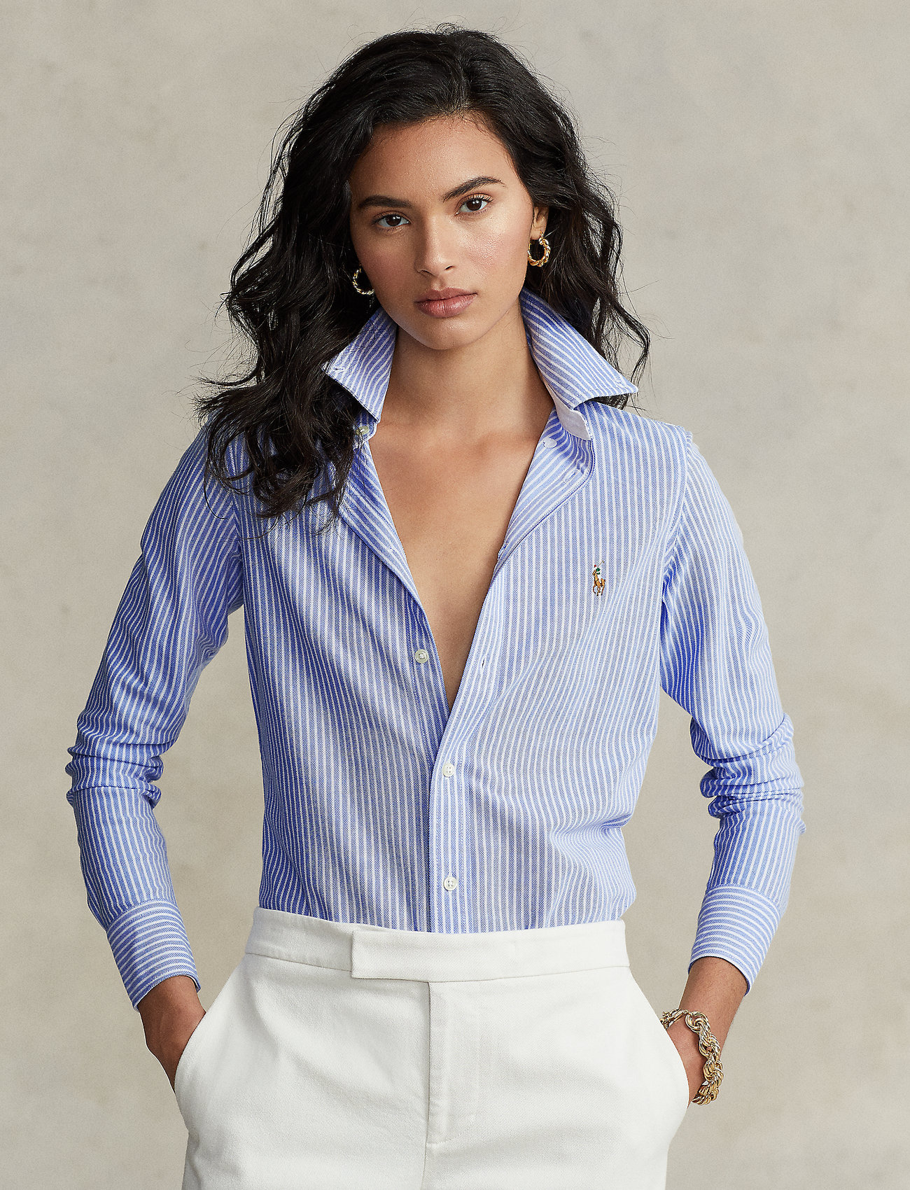 Polo Ralph Lauren - Striped Knit Oxford Shirt - pitkähihaiset kauluspaidat - harbor island blue - 0