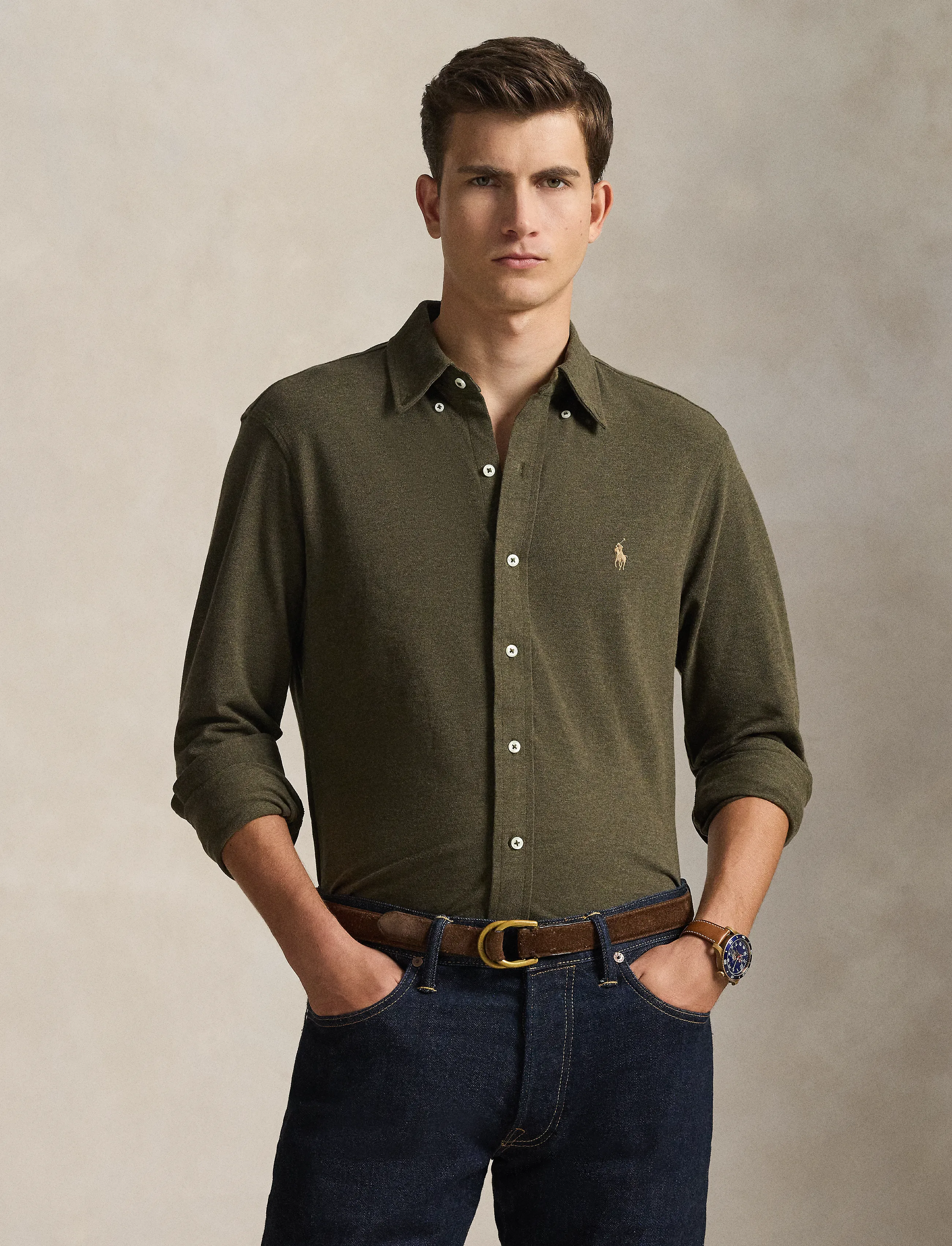 Polo Ralph Lauren FEATHERWEIGHT MESH-LSL-KNT - Casual skjortor - WILSON OLIVE HEAT / khaki/green