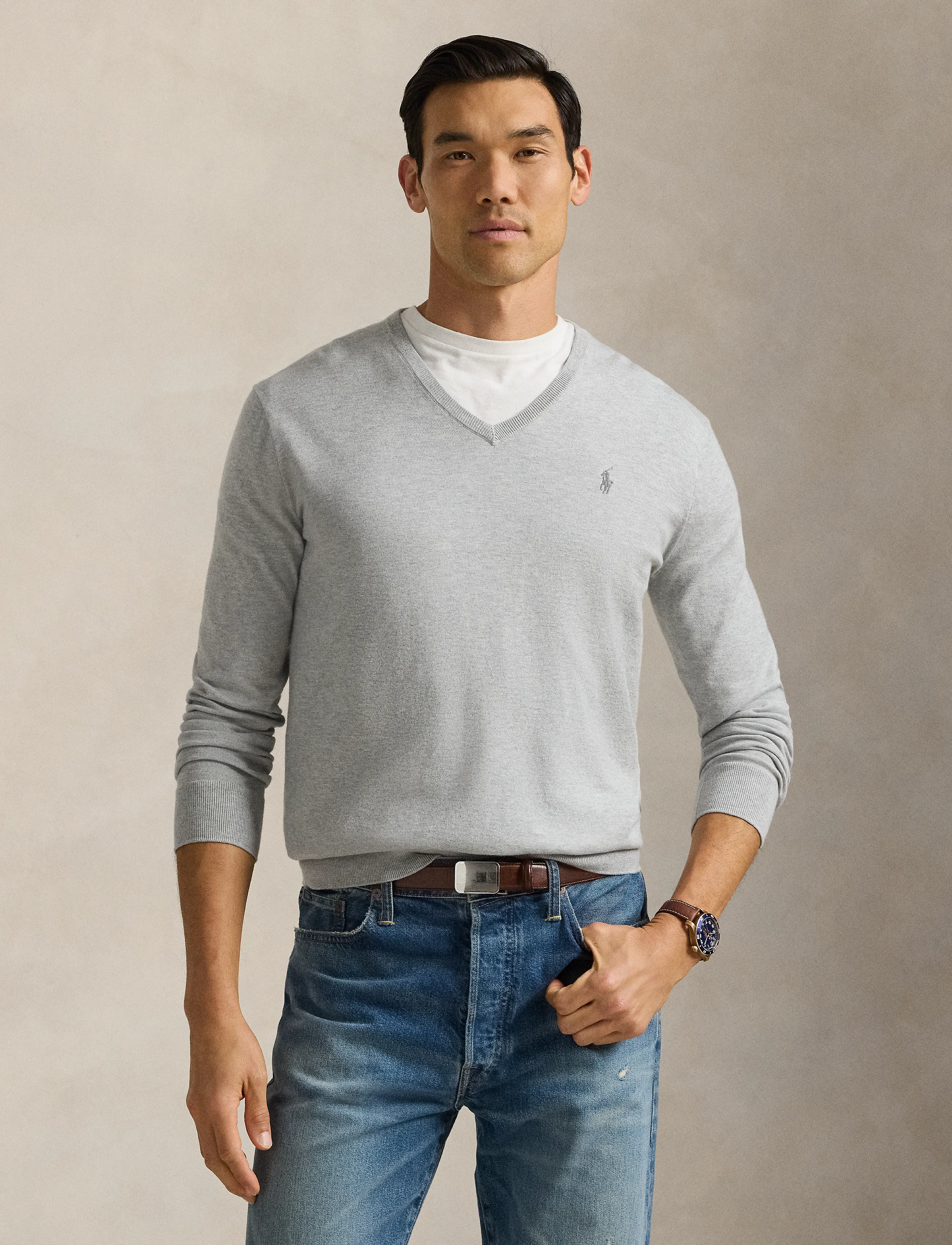 Polo Ralph Lauren Slim Fit Cotton V-Neck Sweater, XL, Knitwear, Grau - V-necks, Männerswear