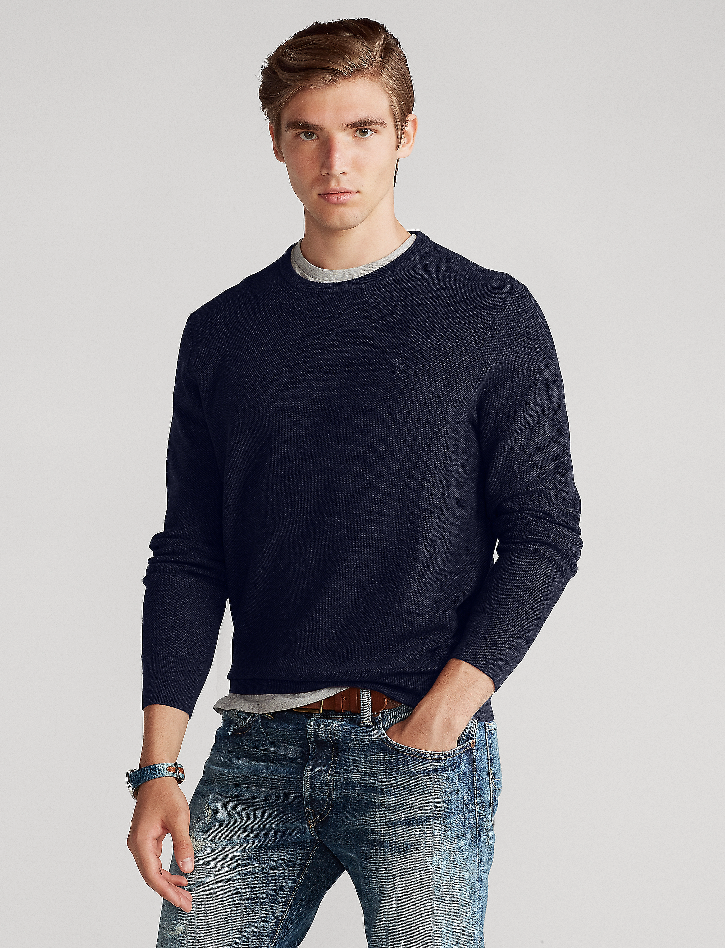 Polo Ralph Lauren - Mesh-Knit Cotton Crewneck Sweater - navy heather - 2