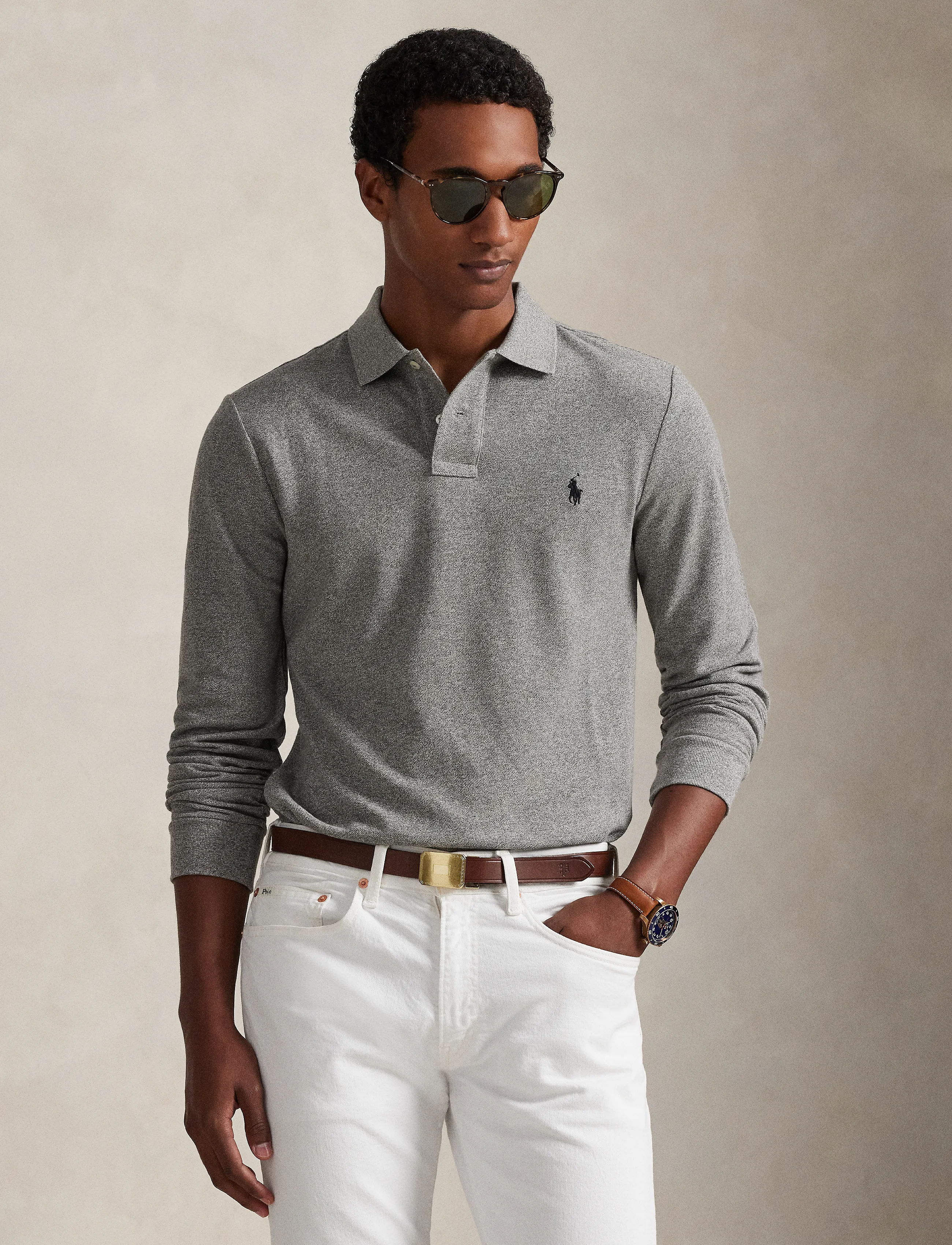 Polo Ralph Lauren Slim Fit Mesh Long-Sleeve Polo, XS, Polos, Grau - Long-sleeved, Männerswear