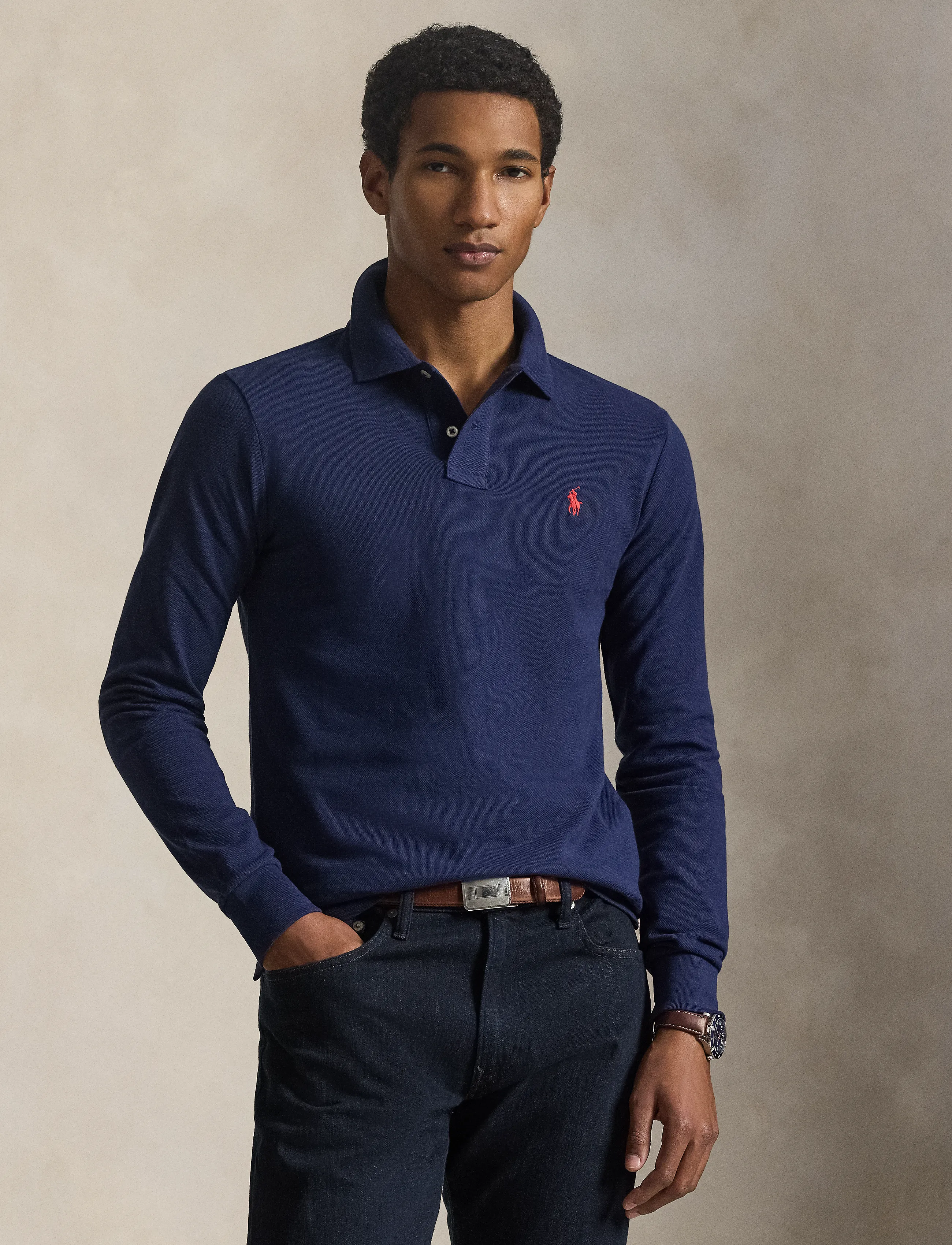 Polo Ralph Lauren Slim Fit Mesh Long-Sleeve Polo, XXL, Polos, Marineblau - Long-sleeved, Männerswear
