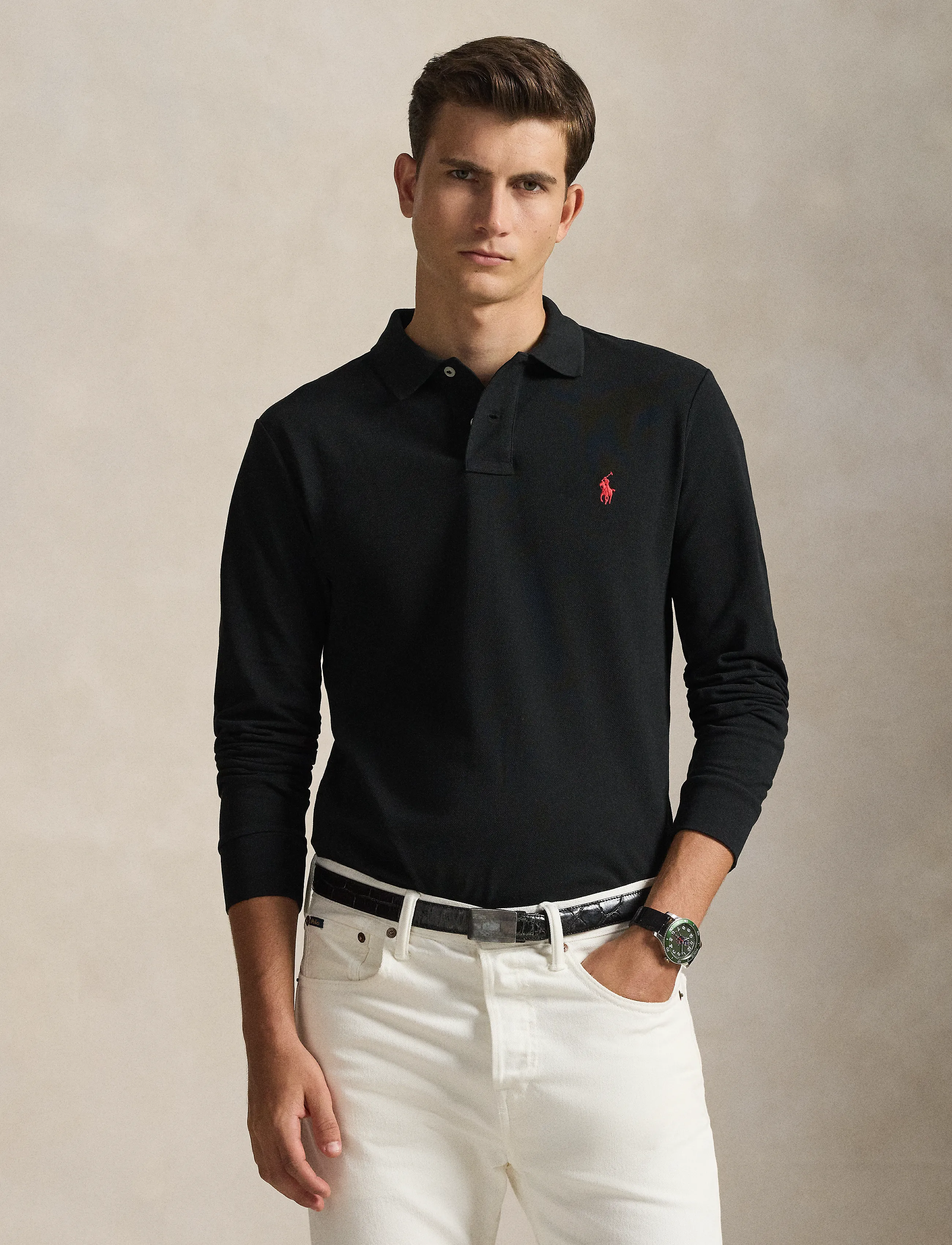 Polo Ralph Lauren Slim Fit Mesh Long-Sleeve Polo, XXL, Polos, Schwarz - Long-sleeved, Männerswear